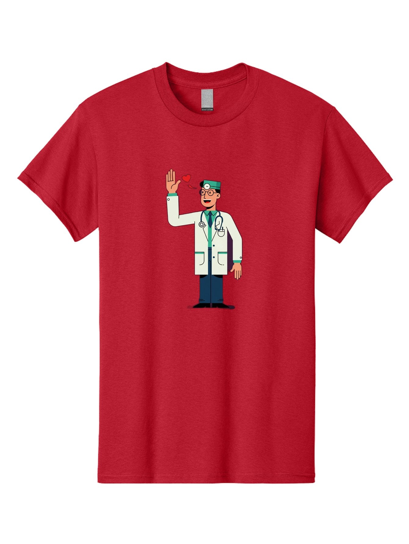 Doctor-Waving-4 Men'S Graphic Tee, 100% Cotton, Comfortable Casual Summer Wear, Machine Washable, Cartoon Doctor, Medical Professional, Friendly Doctor, Stethoscope Around Neck, Waving Hand, Heart Symbol, Welcoming Gesture, Medical Care, Baa487 15
