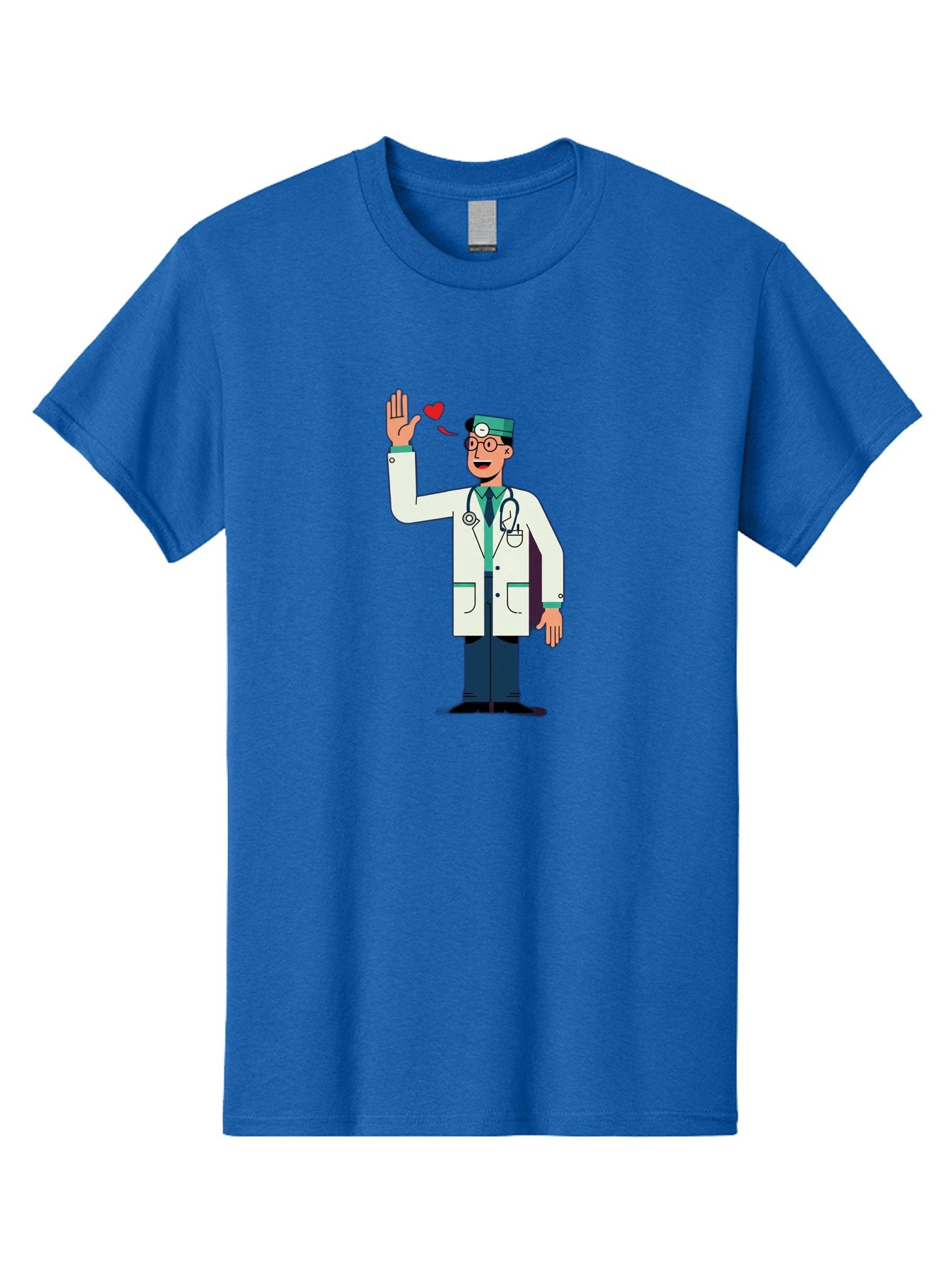 Doctor-Waving-4 Men'S Graphic Tee, 100% Cotton, Comfortable Casual Summer Wear, Machine Washable, Cartoon Doctor, Medical Professional, Friendly Doctor, Stethoscope Around Neck, Waving Hand, Heart Symbol, Welcoming Gesture, Medical Care, Baa487 10