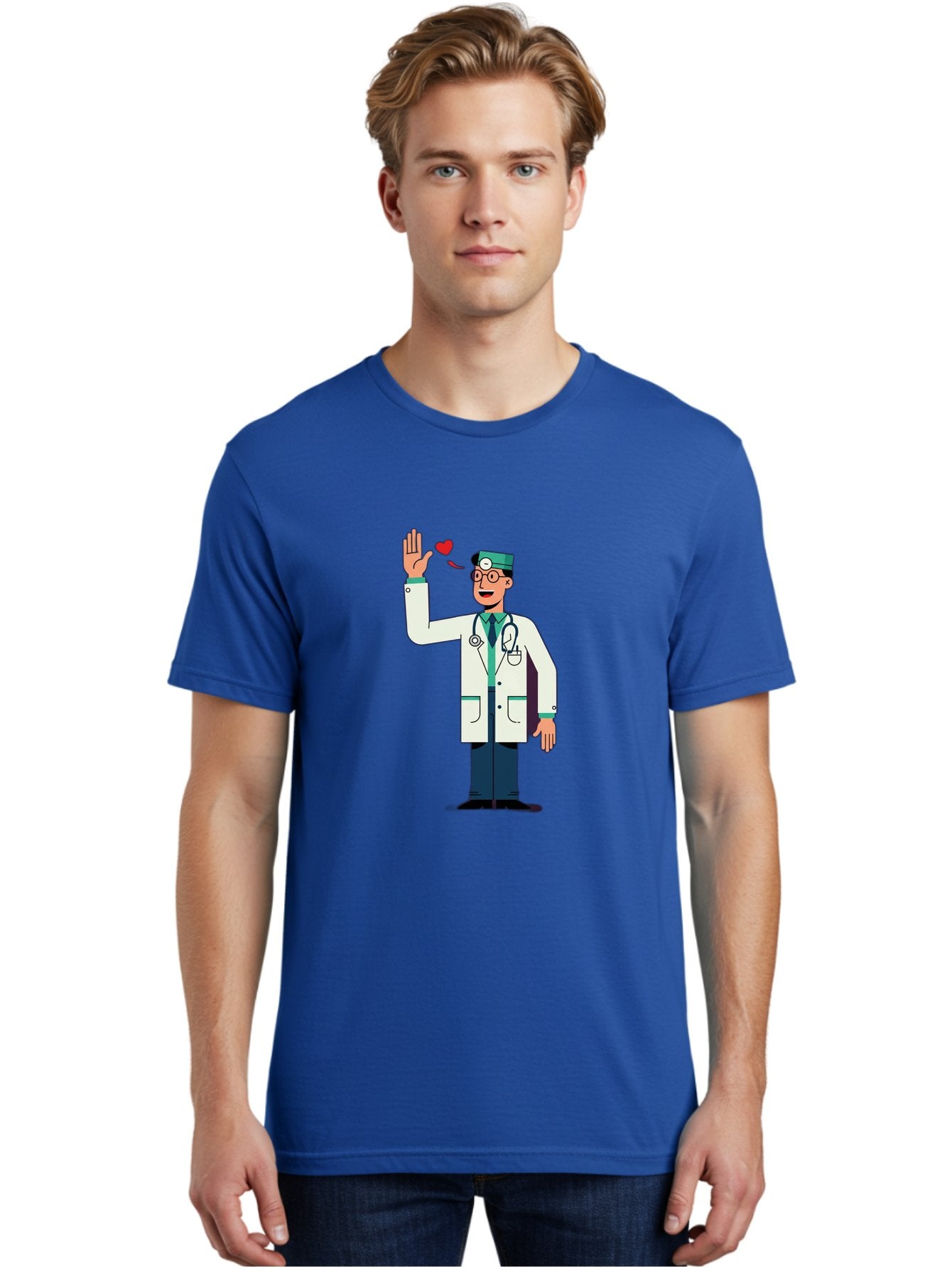 Doctor-Waving-4 Men'S Graphic Tee, 100% Cotton, Comfortable Casual Summer Wear, Machine Washable, Cartoon Doctor, Medical Professional, Friendly Doctor, Stethoscope Around Neck, Waving Hand, Heart Symbol, Welcoming Gesture, Medical Care, Baa487 17