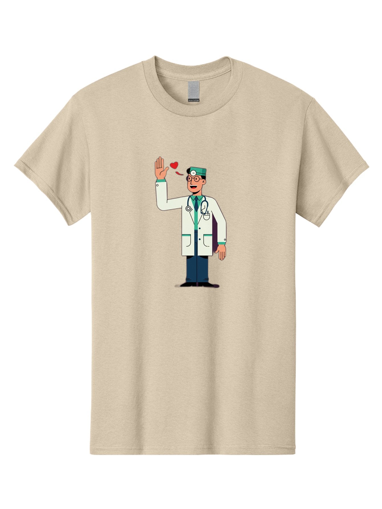Doctor-Waving-4 Men'S Graphic Tee, 100% Cotton, Comfortable Casual Summer Wear, Machine Washable, Cartoon Doctor, Medical Professional, Friendly Doctor, Stethoscope Around Neck, Waving Hand, Heart Symbol, Welcoming Gesture, Medical Care, Baa487 14