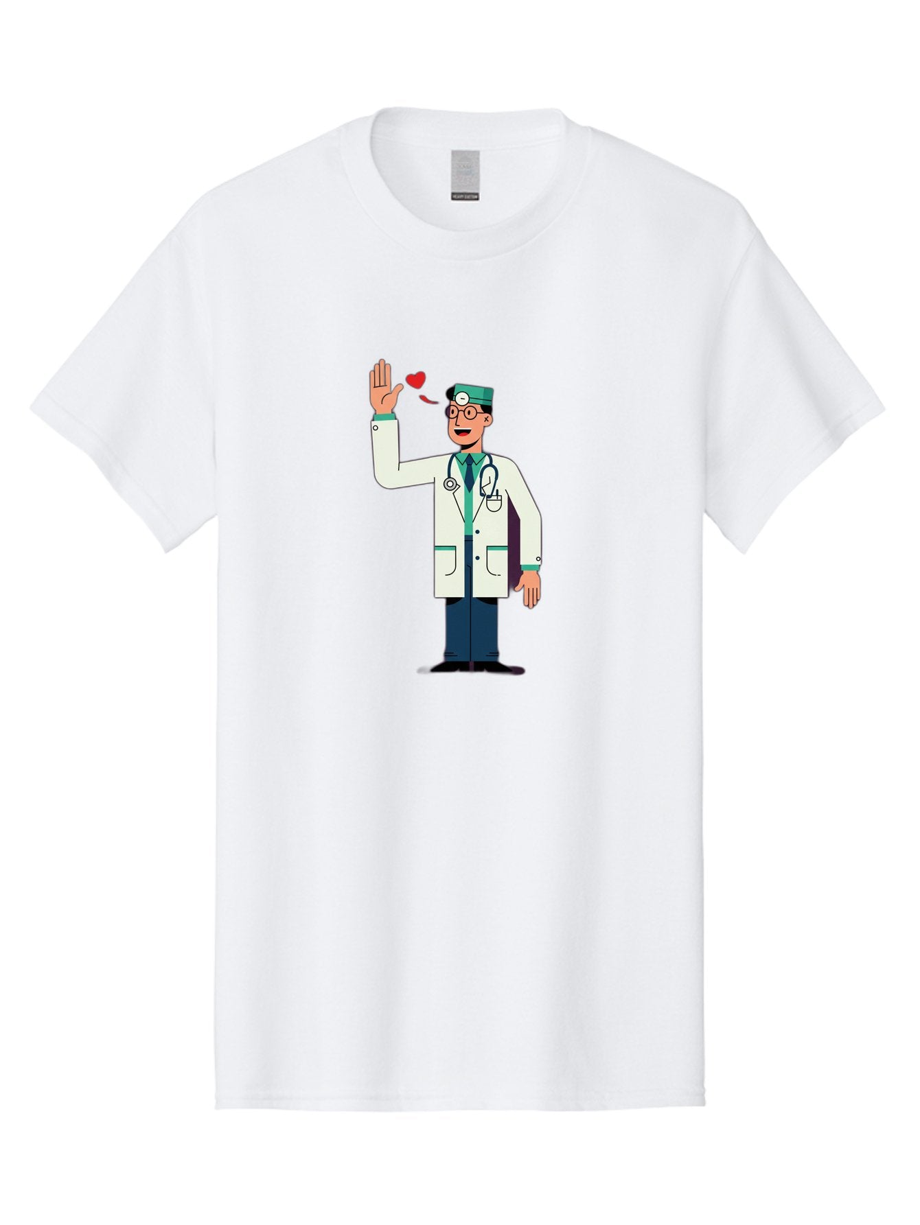Doctor-Waving-4 Men'S Graphic Tee, 100% Cotton, Comfortable Casual Summer Wear, Machine Washable, Cartoon Doctor, Medical Professional, Friendly Doctor, Stethoscope Around Neck, Waving Hand, Heart Symbol, Welcoming Gesture, Medical Care, Baa487 12