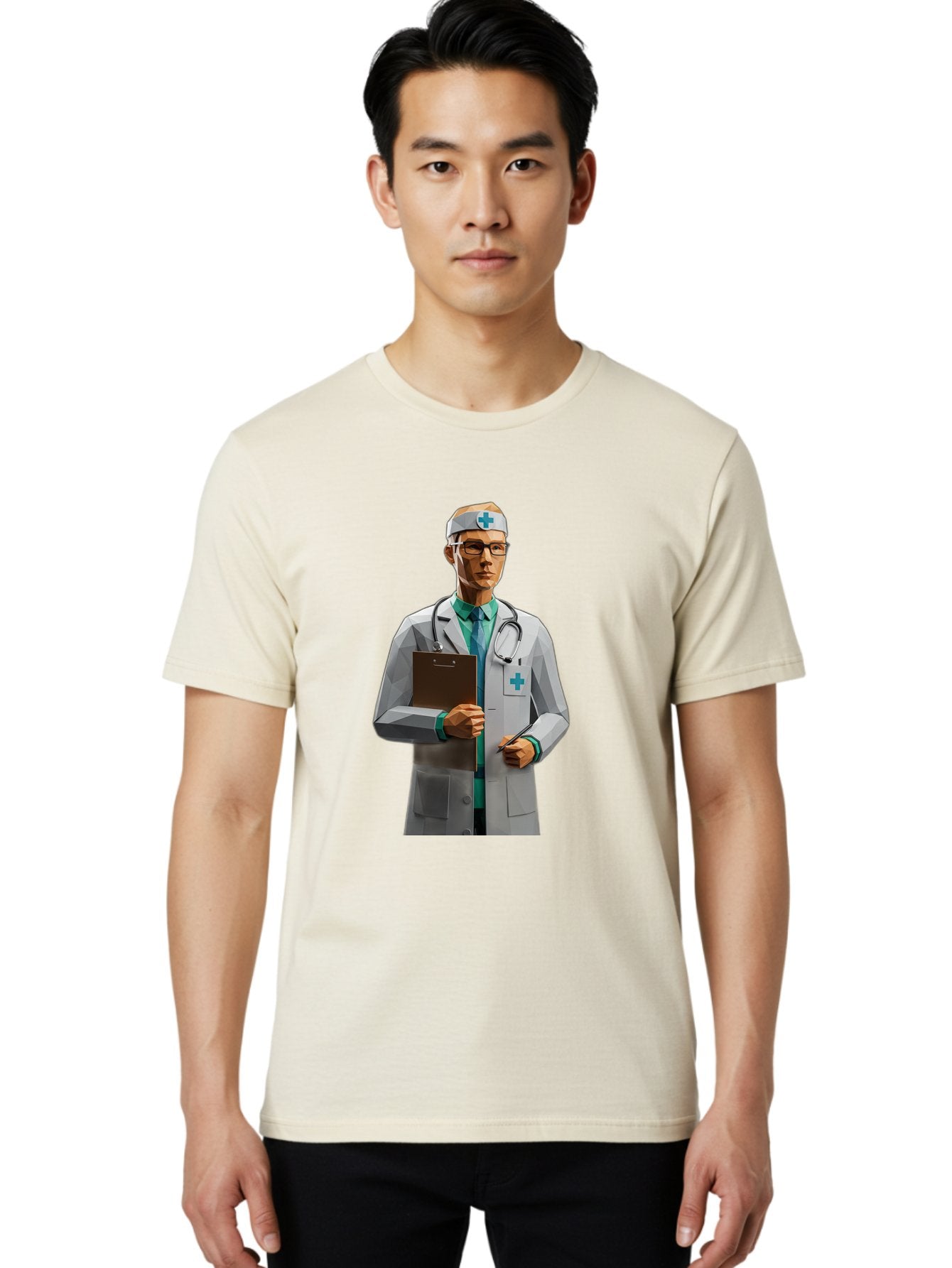 Doctor-With-Clipboard Men'S Graphic Tee, 100% Cotton, Comfortable Casual Summer Wear, Machine Washable, Male Doctor, White Lab Coat, Blue Cross, Stethoscope, Clipboard, Medical Professional, Healthcare Worker, Glasses, Serious Expression, Baa489 26
