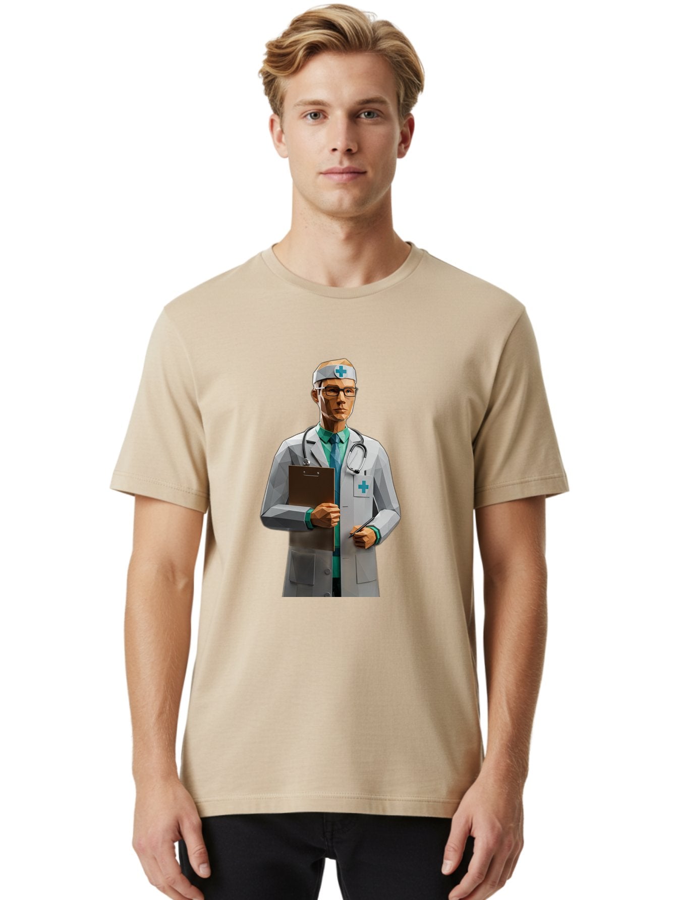 Doctor-With-Clipboard Men'S Graphic Tee, 100% Cotton, Comfortable Casual Summer Wear, Machine Washable, Male Doctor, White Lab Coat, Blue Cross, Stethoscope, Clipboard, Medical Professional, Healthcare Worker, Glasses, Serious Expression, Baa489 30
