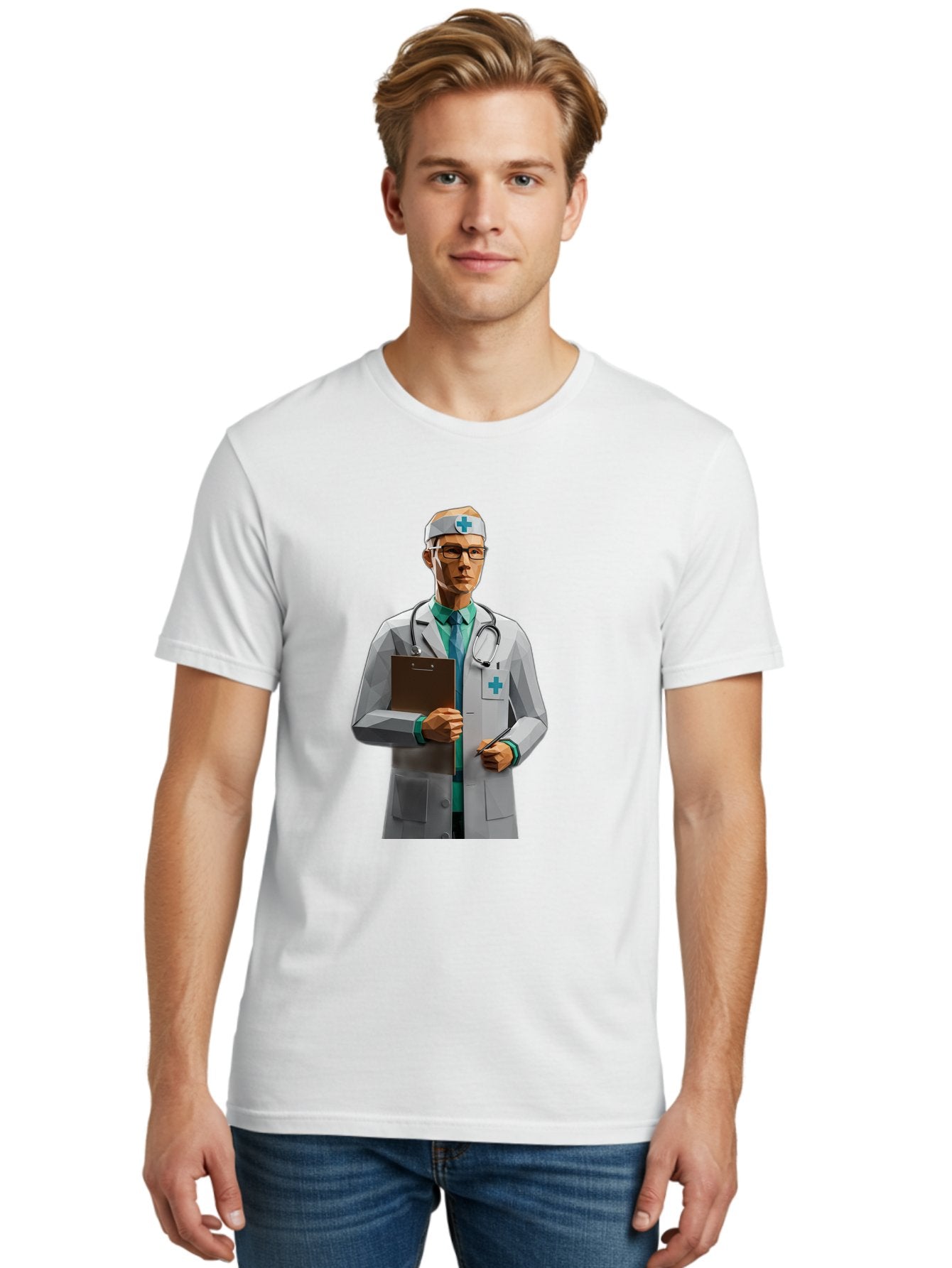 Doctor-With-Clipboard Men'S Graphic Tee, 100% Cotton, Comfortable Casual Summer Wear, Machine Washable, Male Doctor, White Lab Coat, Blue Cross, Stethoscope, Clipboard, Medical Professional, Healthcare Worker, Glasses, Serious Expression, Baa489 16