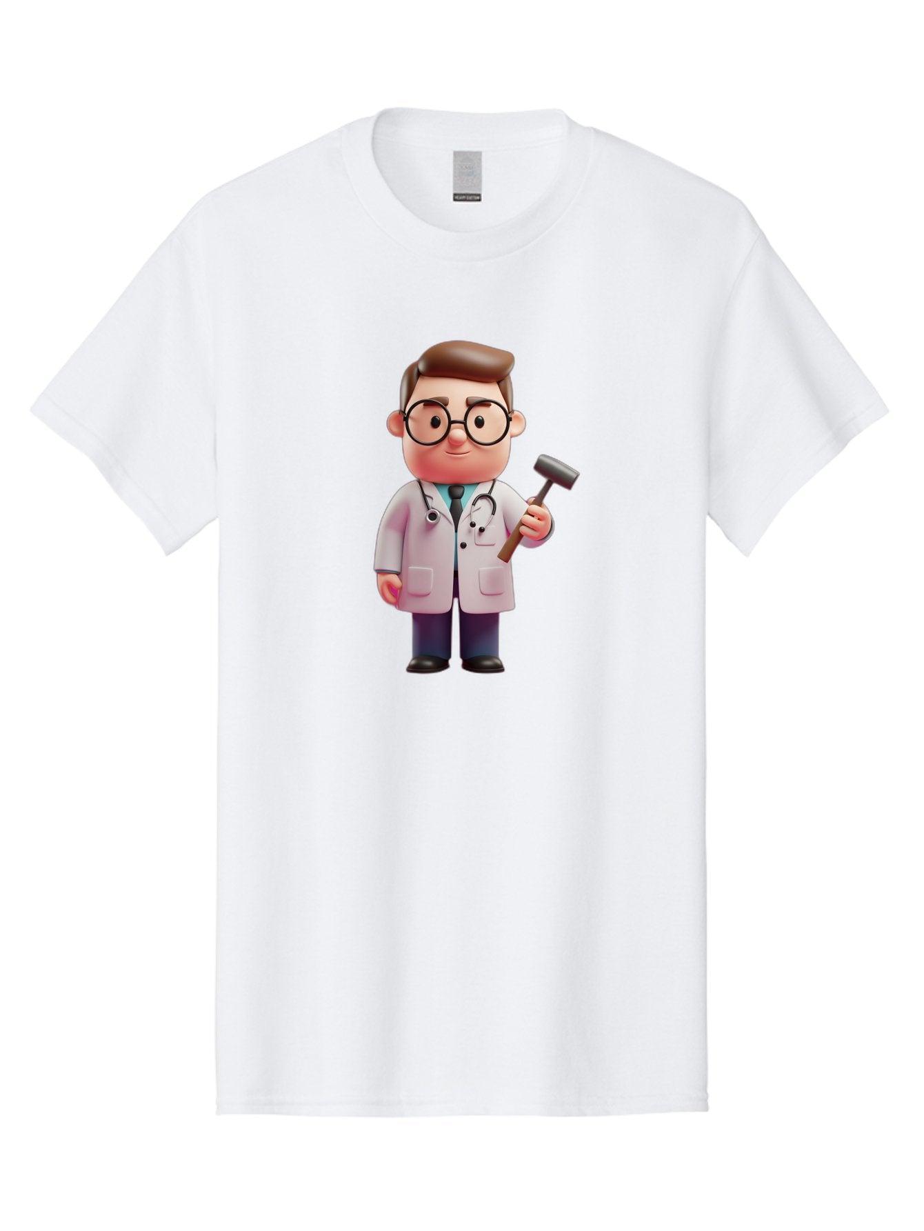 Doctor-With-Reflex-Hammer Men'S Graphic Tee, 100% Cotton, Comfortable Casual Summer Wear, Machine Washable, Cartoon Doctor, Reflex Hammer, Medical Professional, 3D Character, Healthcare, Medical Tools, Stethoscope, Medical Examination Baa490