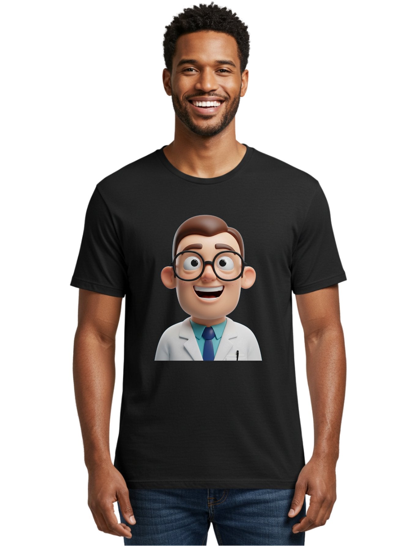 Doctor Men'S Graphic Tee, 100% Cotton, Comfortable Casual Summer Wear, Machine Washable, Smiling Doctor, Cartoon Character, 3D Illustration, Glasses, White Lab Coat, Blue Shirt, Striped Tie, Friendly Demeanor, Professional Attire, Baa493 23