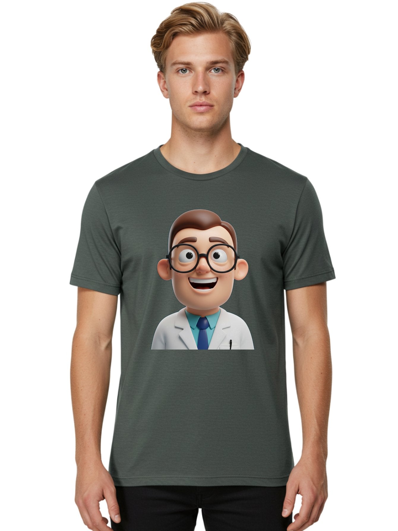 Doctor Men'S Graphic Tee, 100% Cotton, Comfortable Casual Summer Wear, Machine Washable, Smiling Doctor, Cartoon Character, 3D Illustration, Glasses, White Lab Coat, Blue Shirt, Striped Tie, Friendly Demeanor, Professional Attire, Baa493 18