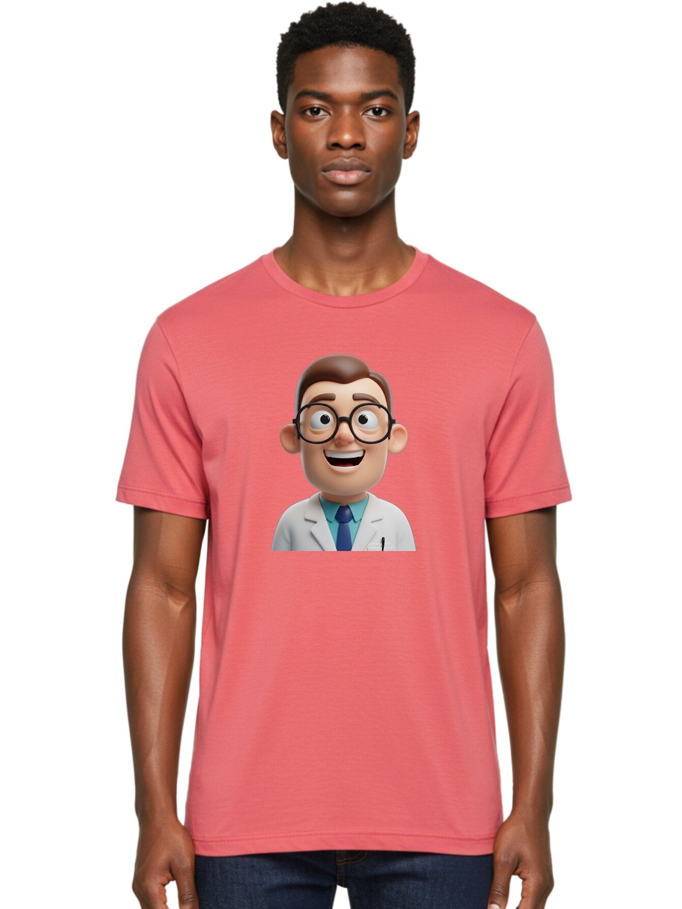 Doctor Men'S Graphic Tee, 100% Cotton, Comfortable Casual Summer Wear, Machine Washable, Smiling Doctor, Cartoon Character, 3D Illustration, Glasses, White Lab Coat, Blue Shirt, Striped Tie, Friendly Demeanor, Professional Attire, Baa493 17