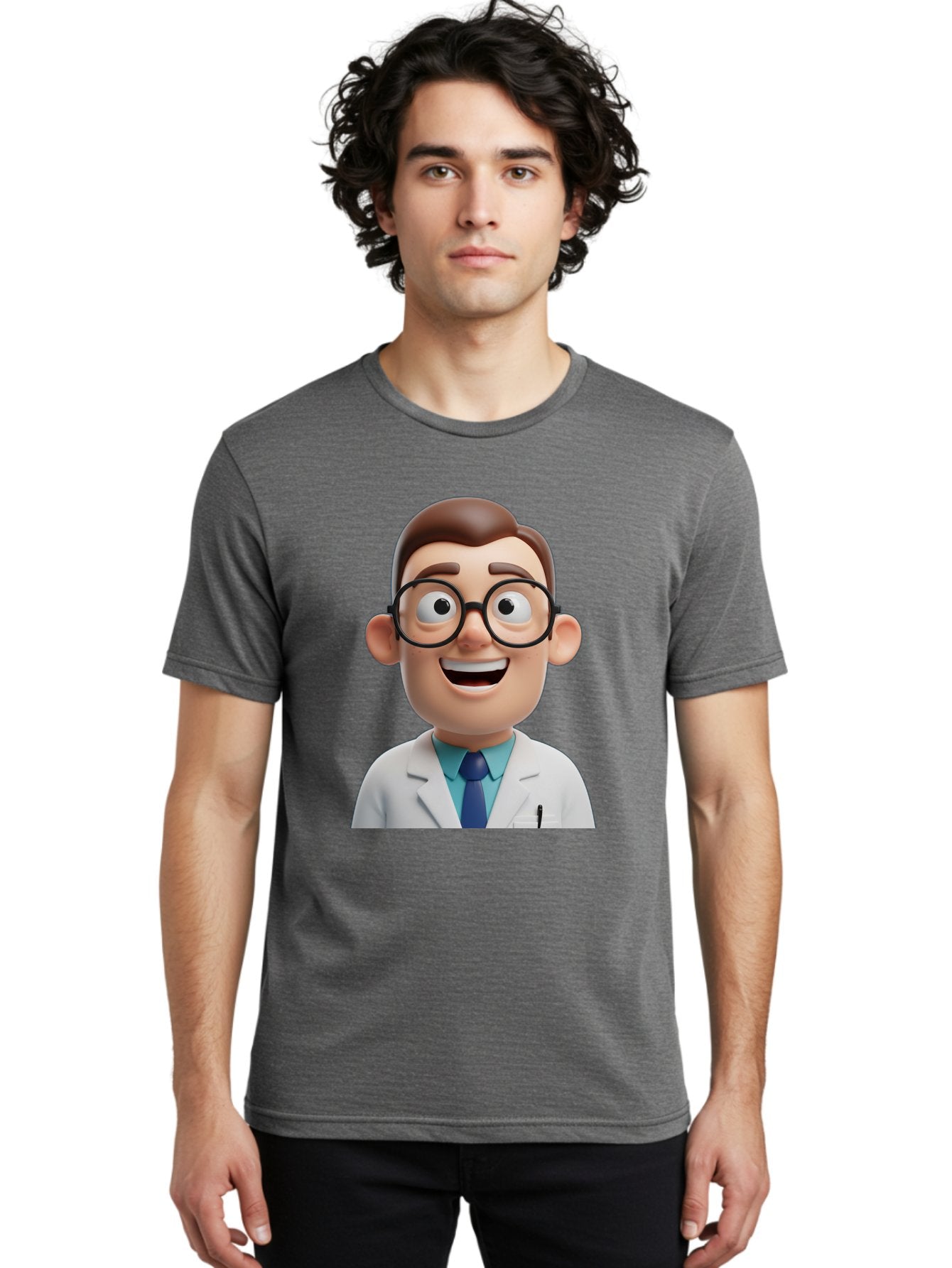 Doctor Men'S Graphic Tee, 100% Cotton, Comfortable Casual Summer Wear, Machine Washable, Smiling Doctor, Cartoon Character, 3D Illustration, Glasses, White Lab Coat, Blue Shirt, Striped Tie, Friendly Demeanor, Professional Attire, Baa493 25