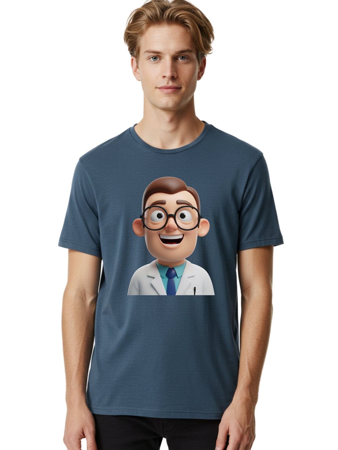 Doctor Men'S Graphic Tee, 100% Cotton, Comfortable Casual Summer Wear, Machine Washable, Smiling Doctor, Cartoon Character, 3D Illustration, Glasses, White Lab Coat, Blue Shirt, Striped Tie, Friendly Demeanor, Professional Attire, Baa493 29