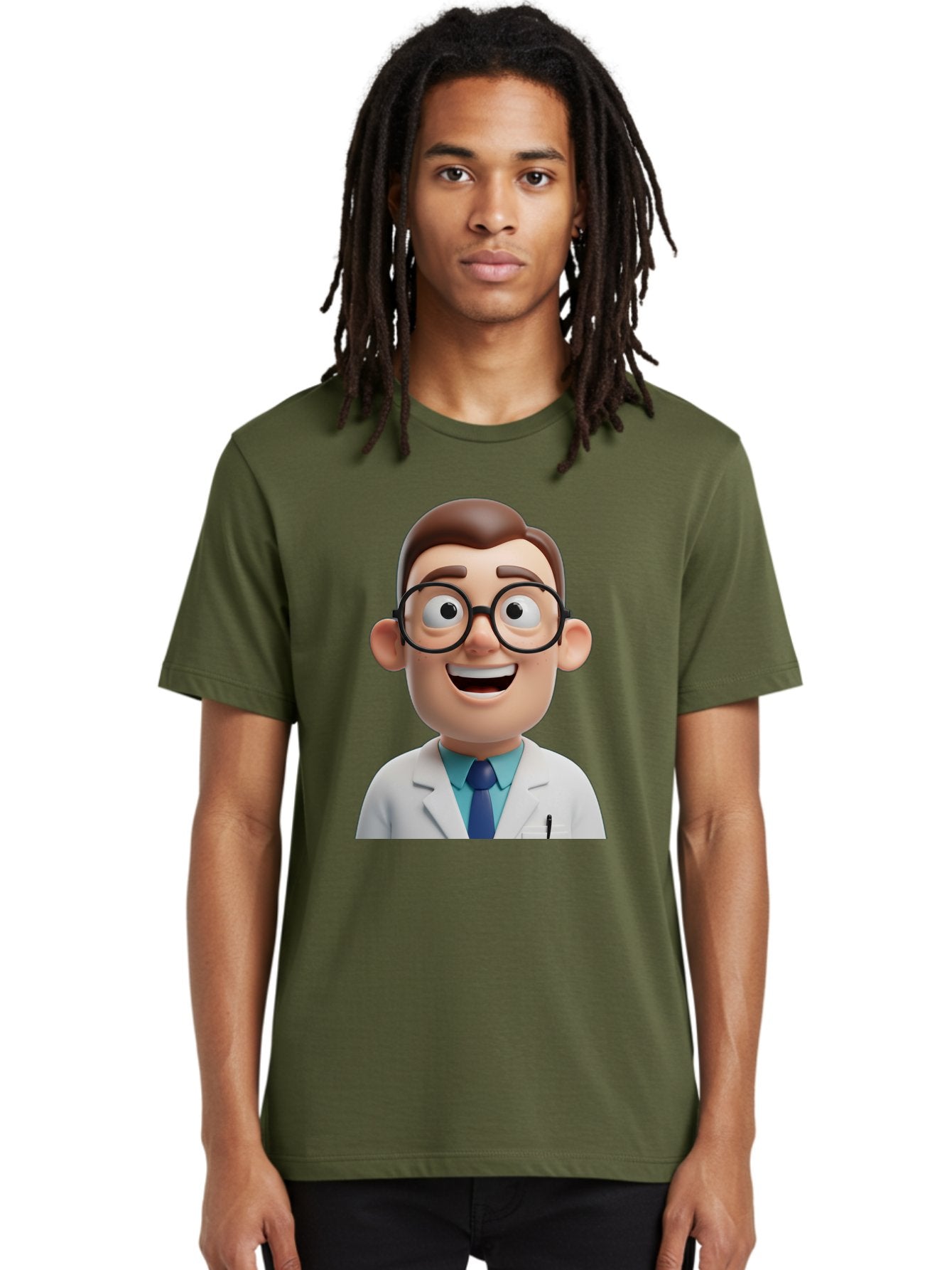 Doctor Men'S Graphic Tee, 100% Cotton, Comfortable Casual Summer Wear, Machine Washable, Smiling Doctor, Cartoon Character, 3D Illustration, Glasses, White Lab Coat, Blue Shirt, Striped Tie, Friendly Demeanor, Professional Attire, Baa493 28
