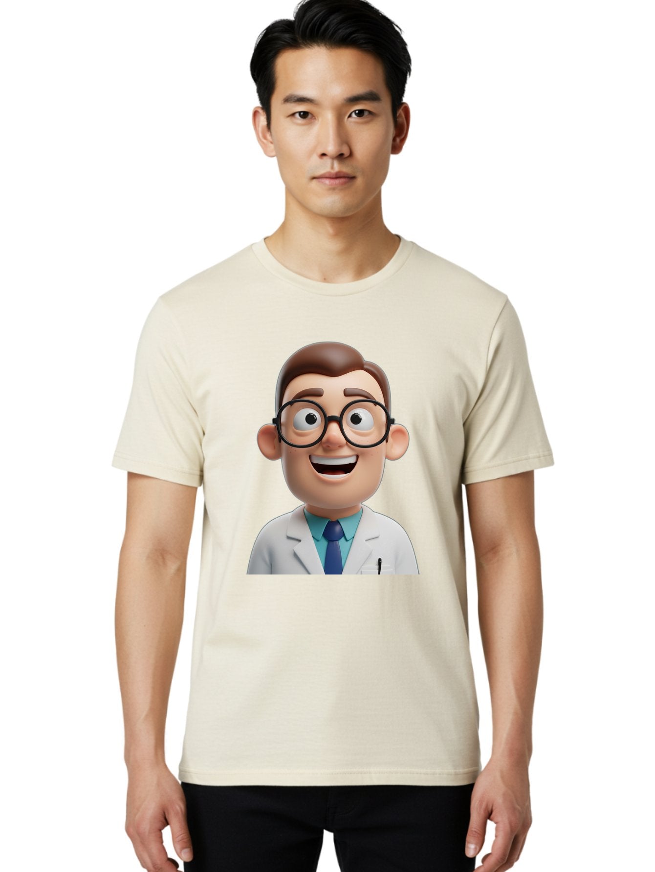 Doctor Men'S Graphic Tee, 100% Cotton, Comfortable Casual Summer Wear, Machine Washable, Smiling Doctor, Cartoon Character, 3D Illustration, Glasses, White Lab Coat, Blue Shirt, Striped Tie, Friendly Demeanor, Professional Attire, Baa493 16