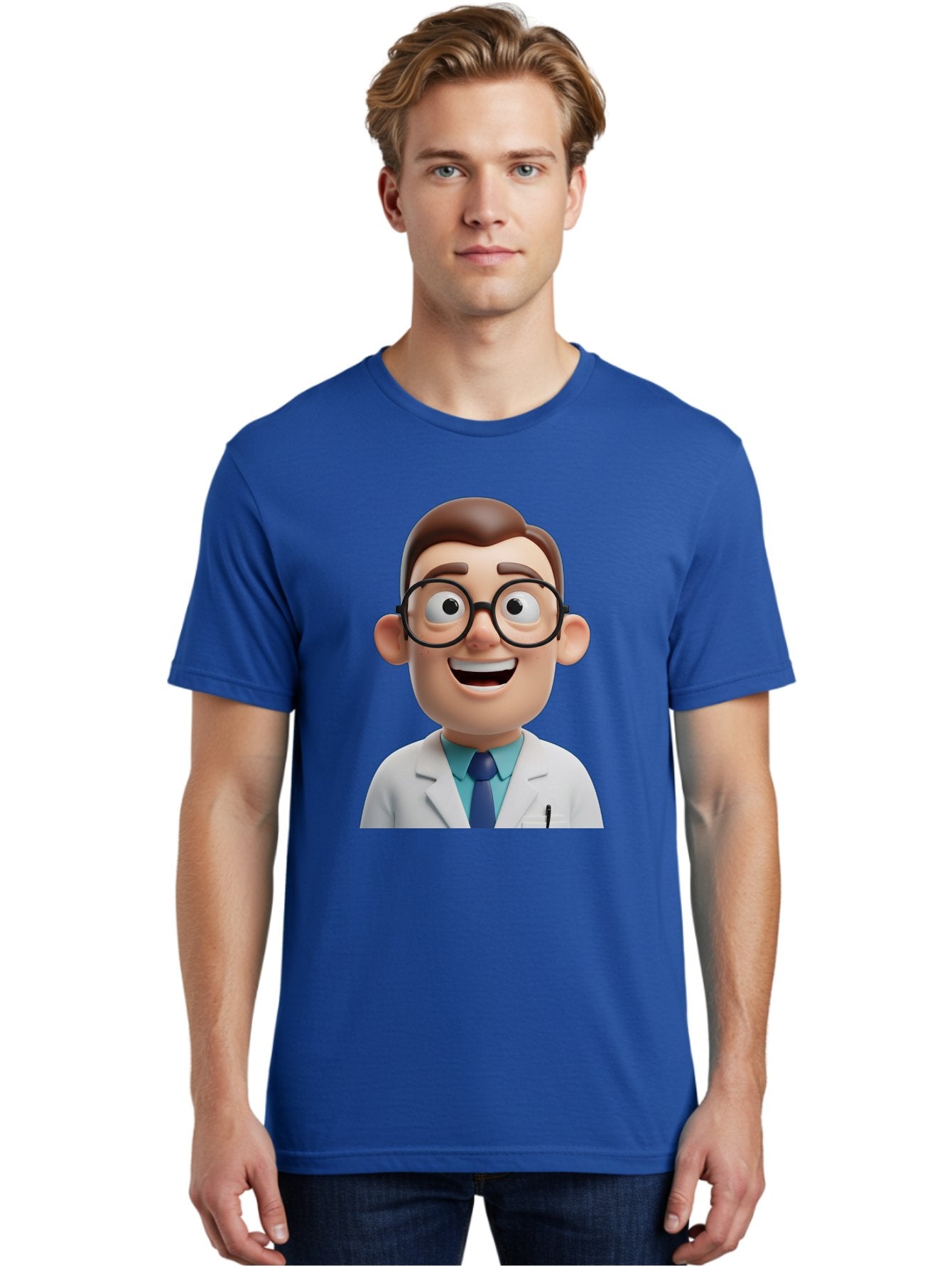 Doctor Men'S Graphic Tee, 100% Cotton, Comfortable Casual Summer Wear, Machine Washable, Smiling Doctor, Cartoon Character, 3D Illustration, Glasses, White Lab Coat, Blue Shirt, Striped Tie, Friendly Demeanor, Professional Attire, Baa493 30