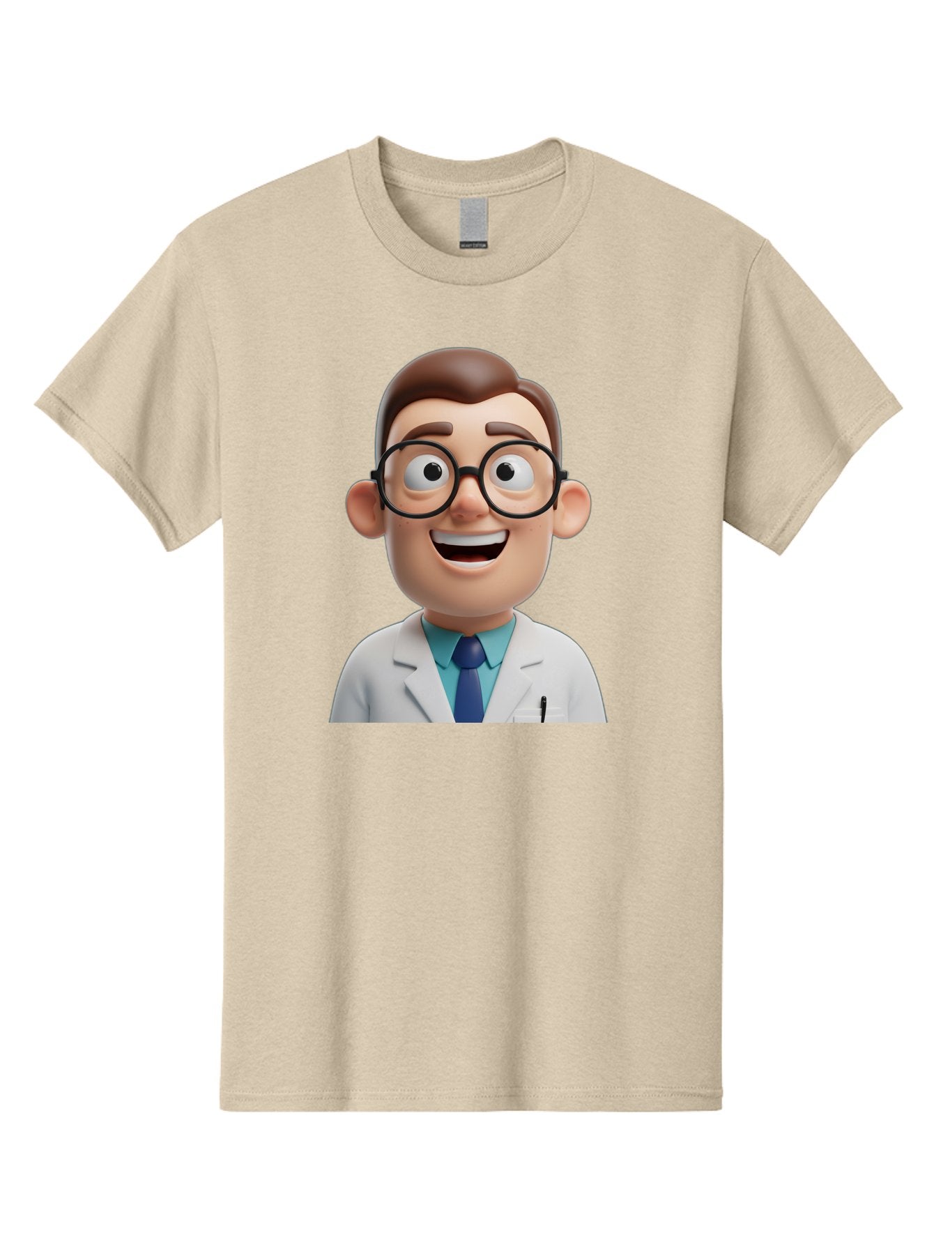 Doctor Men'S Graphic Tee, 100% Cotton, Comfortable Casual Summer Wear, Machine Washable, Smiling Doctor, Cartoon Character, 3D Illustration, Glasses, White Lab Coat, Blue Shirt, Striped Tie, Friendly Demeanor, Professional Attire, Baa493 6
