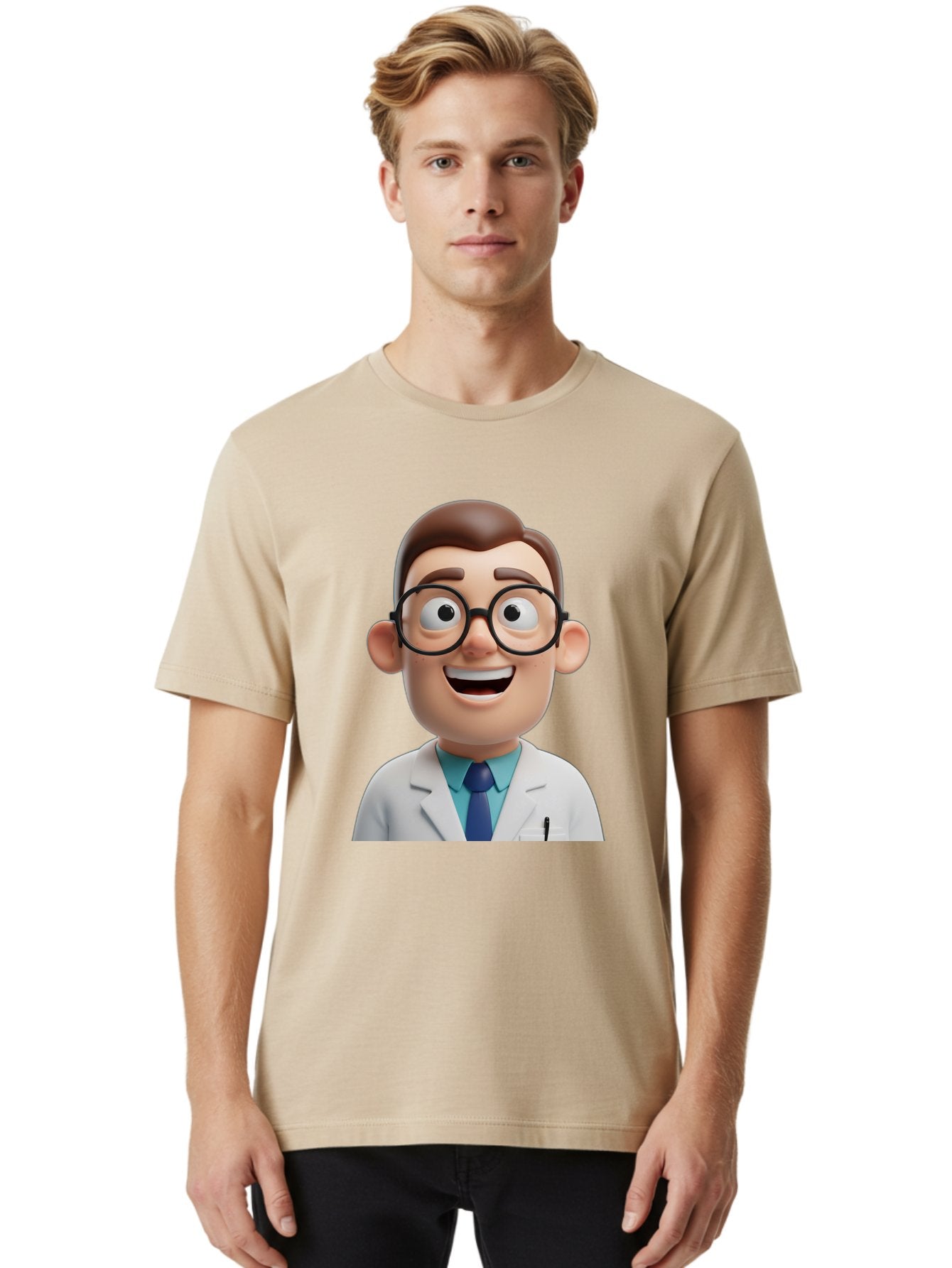 Doctor Men'S Graphic Tee, 100% Cotton, Comfortable Casual Summer Wear, Machine Washable, Smiling Doctor, Cartoon Character, 3D Illustration, Glasses, White Lab Coat, Blue Shirt, Striped Tie, Friendly Demeanor, Professional Attire, Baa493 24