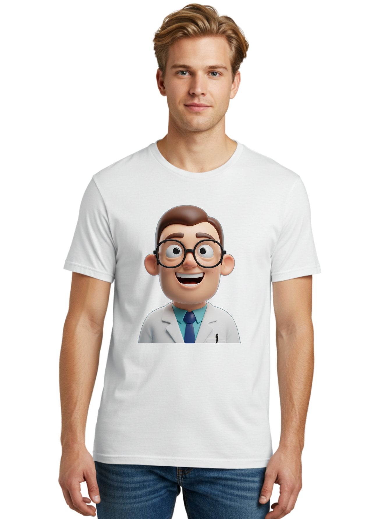 Doctor Men'S Graphic Tee, 100% Cotton, Comfortable Casual Summer Wear, Machine Washable, Smiling Doctor, Cartoon Character, 3D Illustration, Glasses, White Lab Coat, Blue Shirt, Striped Tie, Friendly Demeanor, Professional Attire, Baa493 27