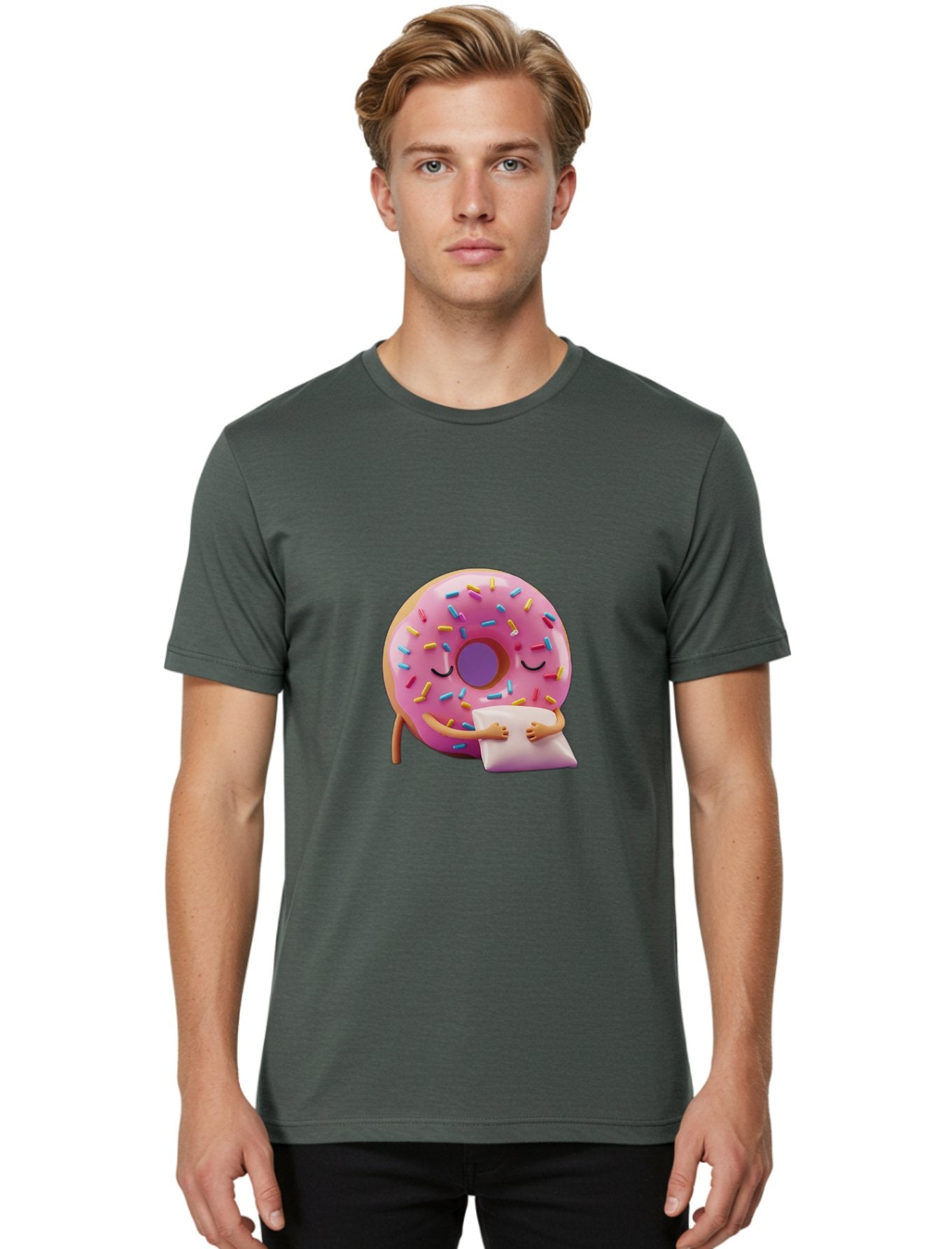 Donut-Character Men'S Graphic Tee, 100% Cotton, Comfortable Casual Summer Wear, Machine Washable, Donut With Sprinkles, Sleeping Donut, Cute Cartoon Character, Pink Donut, Sweet Treat, Relaxing Donut, Donut With Arms, Dreamy Dessert, Baa502 23
