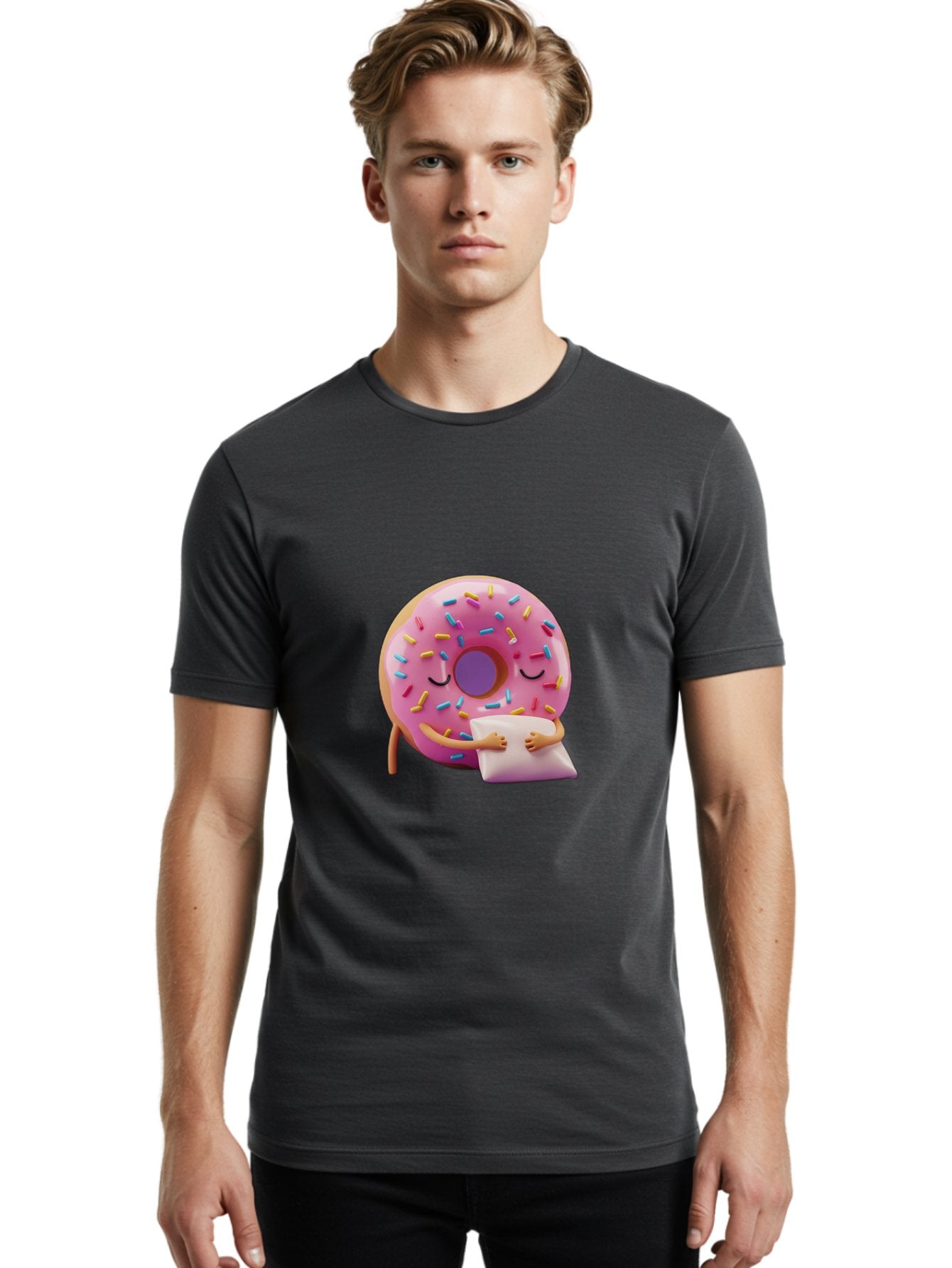 Donut-Character Men'S Graphic Tee, 100% Cotton, Comfortable Casual Summer Wear, Machine Washable, Donut With Sprinkles, Sleeping Donut, Cute Cartoon Character, Pink Donut, Sweet Treat, Relaxing Donut, Donut With Arms, Dreamy Dessert, Baa502 20