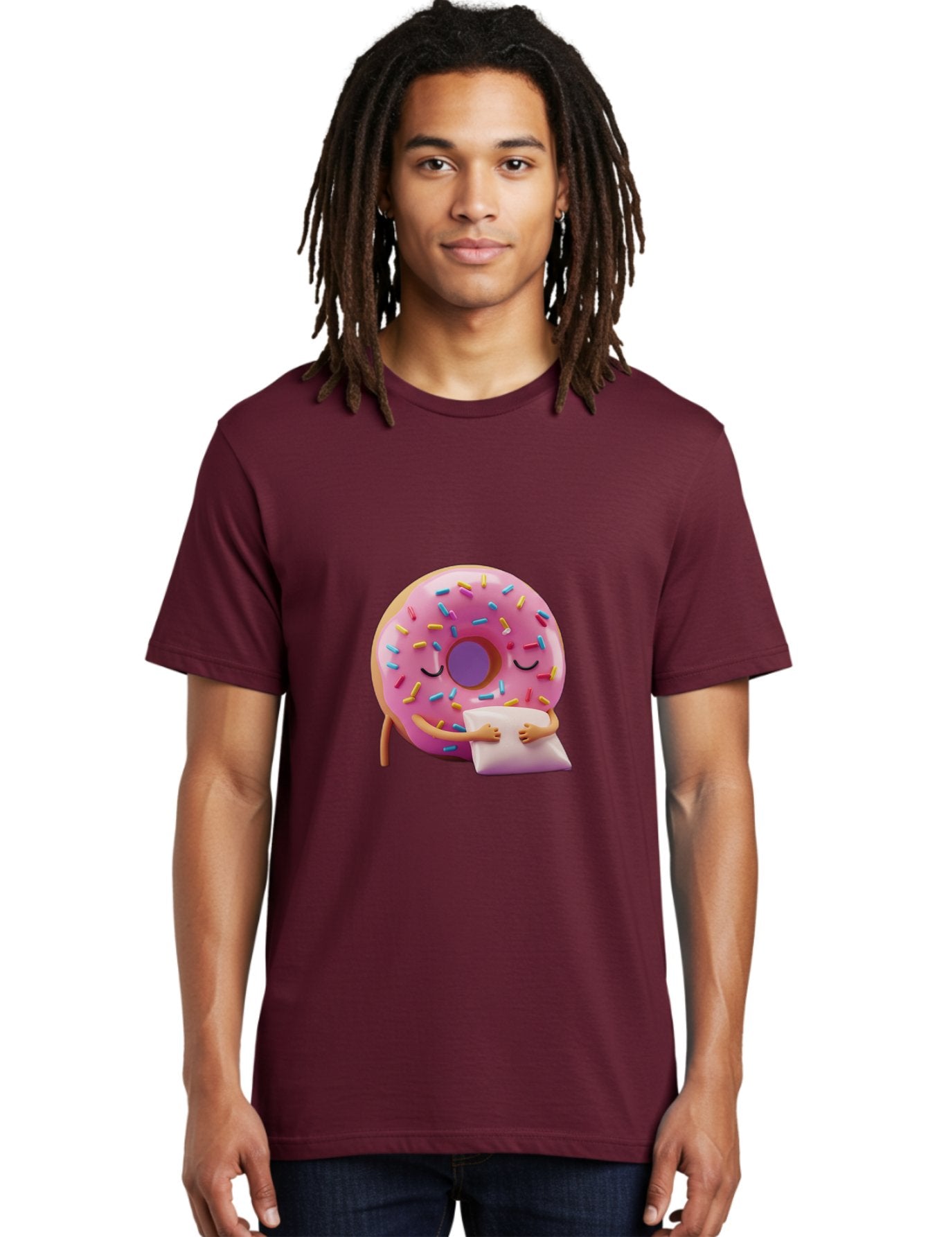 Donut-Character Men'S Graphic Tee, 100% Cotton, Comfortable Casual Summer Wear, Machine Washable, Donut With Sprinkles, Sleeping Donut, Cute Cartoon Character, Pink Donut, Sweet Treat, Relaxing Donut, Donut With Arms, Dreamy Dessert, Baa502 21