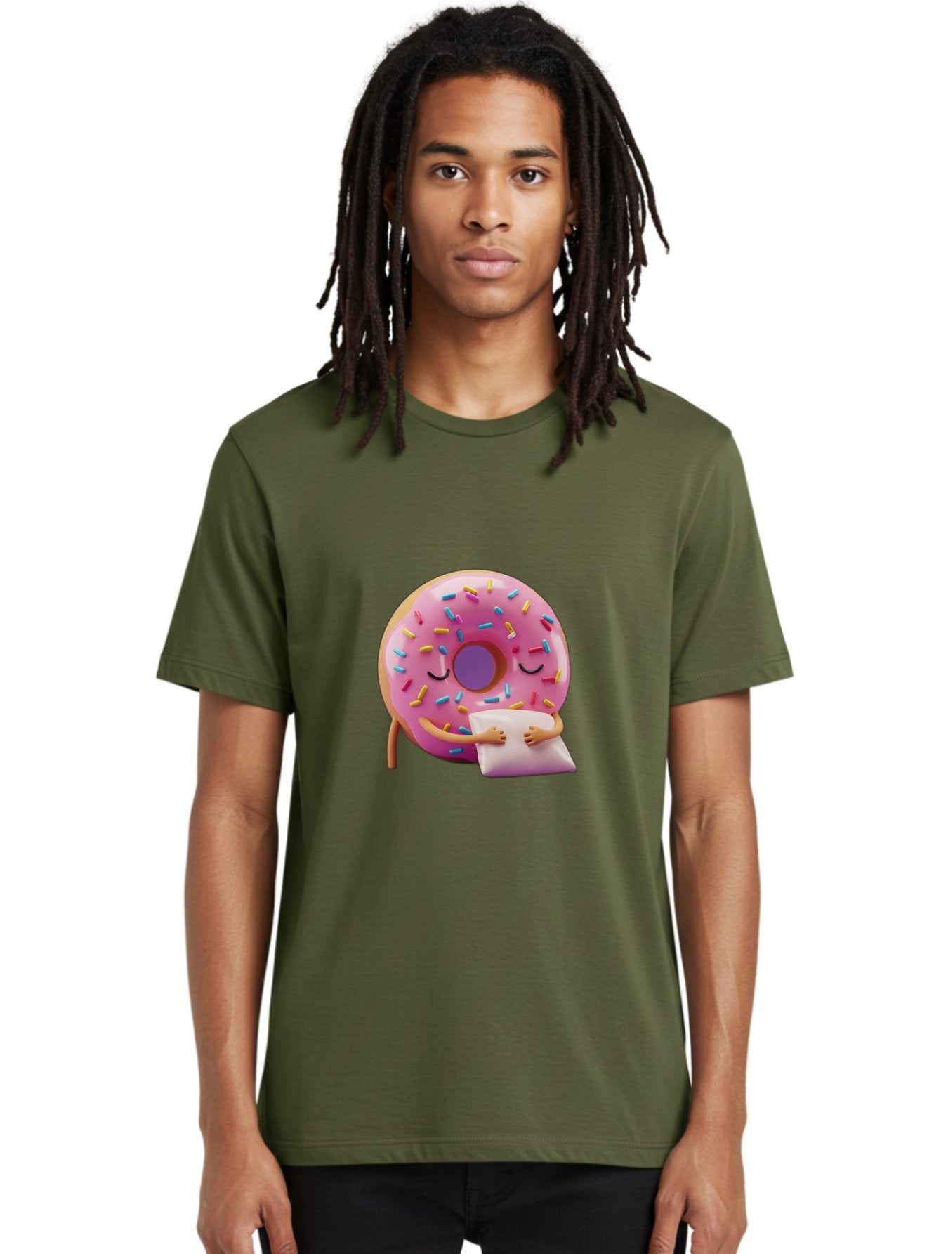 Donut-Character Men'S Graphic Tee, 100% Cotton, Comfortable Casual Summer Wear, Machine Washable, Donut With Sprinkles, Sleeping Donut, Cute Cartoon Character, Pink Donut, Sweet Treat, Relaxing Donut, Donut With Arms, Dreamy Dessert, Baa502 22