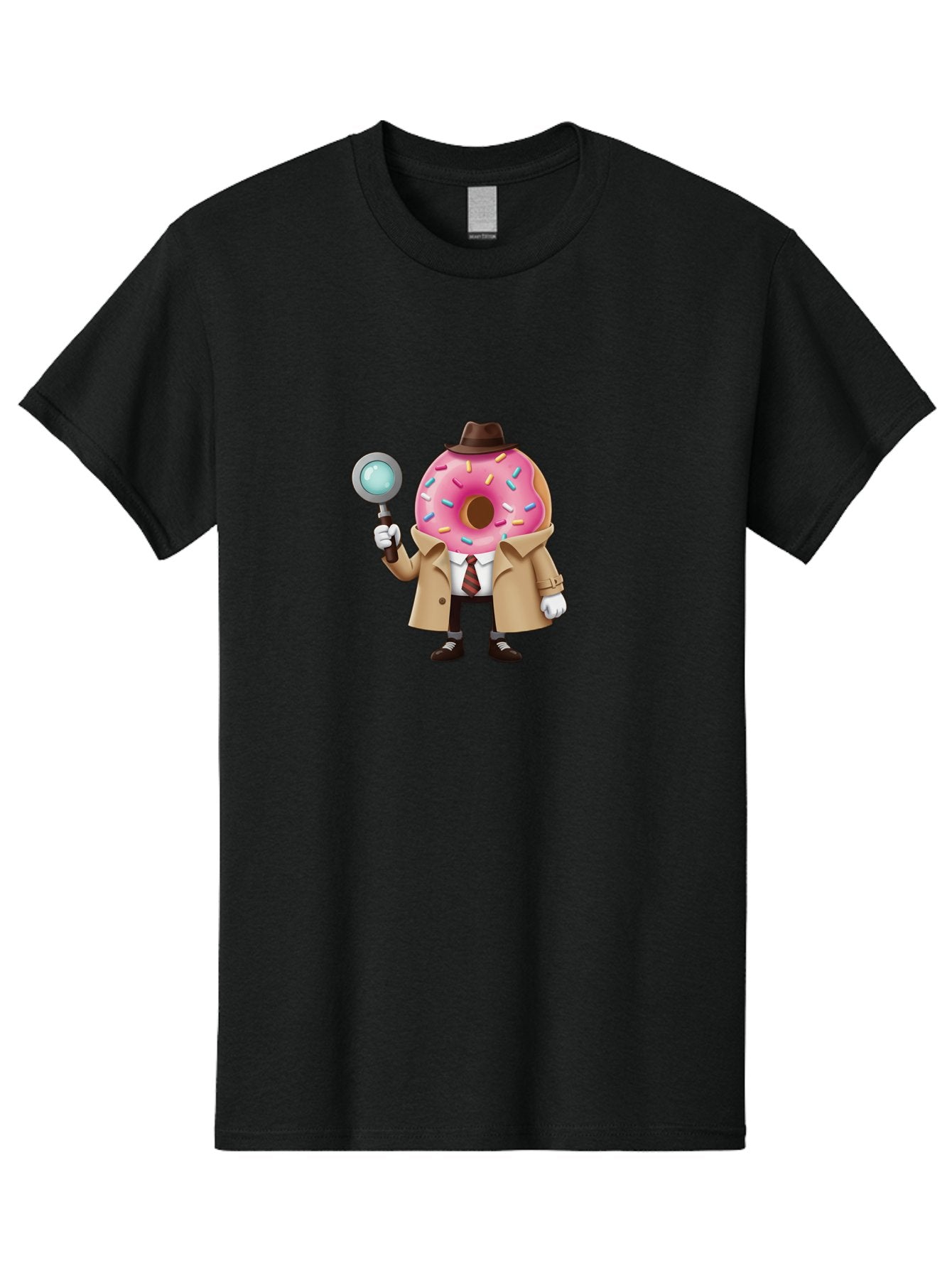 Donut-Detective Men'S Graphic Tee, 100% Cotton, Comfortable Casual Summer Wear, Machine Washable, Detective Donut, Pink Frosted Donut, Sprinkles, Magnifying Glass, Detective Clothes, Trench Coat, Fedora Hat, Cartoon Character, Mystery Solving, Baa504