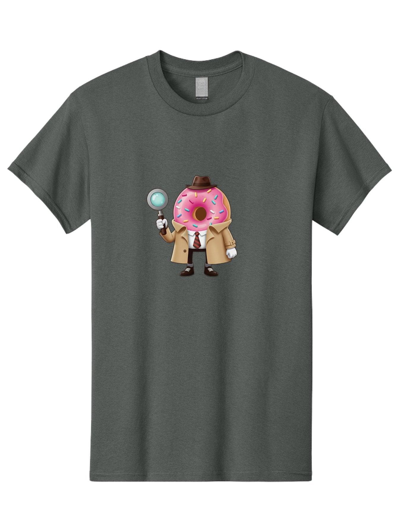 Donut-Detective Men'S Graphic Tee, 100% Cotton, Comfortable Casual Summer Wear, Machine Washable, Detective Donut, Pink Frosted Donut, Sprinkles, Magnifying Glass, Detective Clothes, Trench Coat, Fedora Hat, Cartoon Character, Mystery Solving, Baa504 9