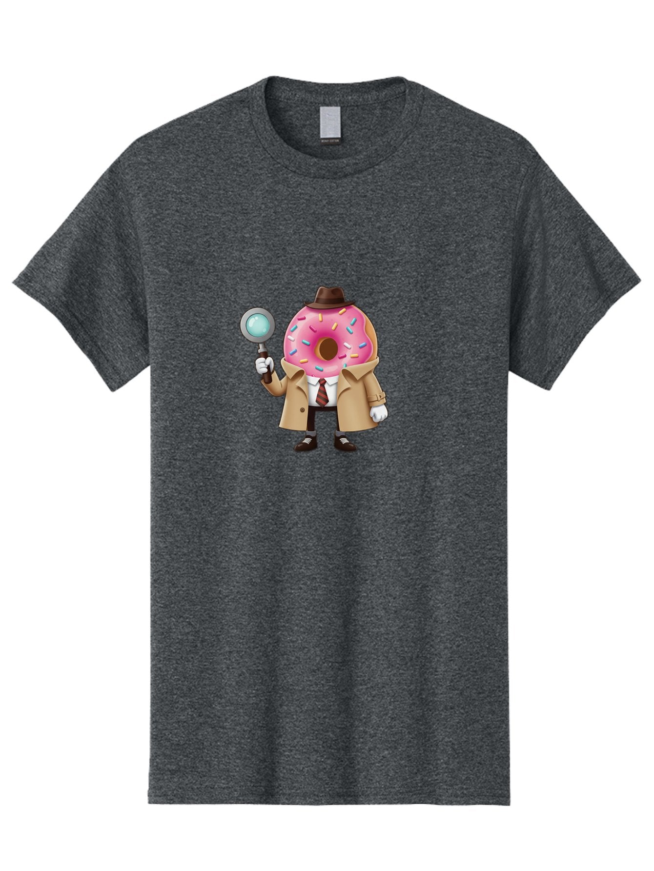 Donut-Detective Men'S Graphic Tee, 100% Cotton, Comfortable Casual Summer Wear, Machine Washable, Detective Donut, Pink Frosted Donut, Sprinkles, Magnifying Glass, Detective Clothes, Trench Coat, Fedora Hat, Cartoon Character, Mystery Solving, Baa504 13