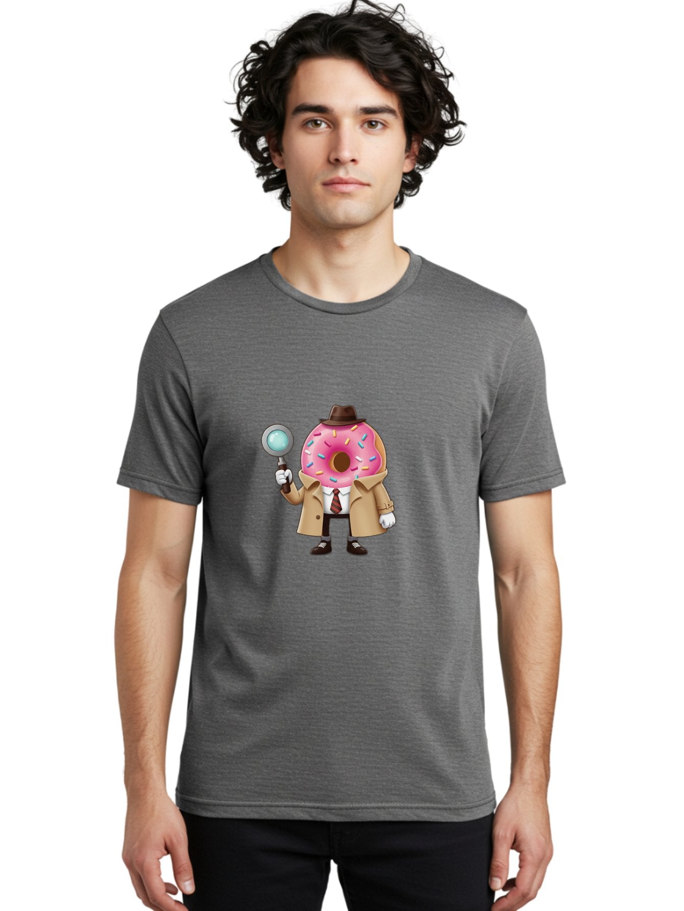 Donut-Detective Men'S Graphic Tee, 100% Cotton, Comfortable Casual Summer Wear, Machine Washable, Detective Donut, Pink Frosted Donut, Sprinkles, Magnifying Glass, Detective Clothes, Trench Coat, Fedora Hat, Cartoon Character, Mystery Solving, Baa504 16