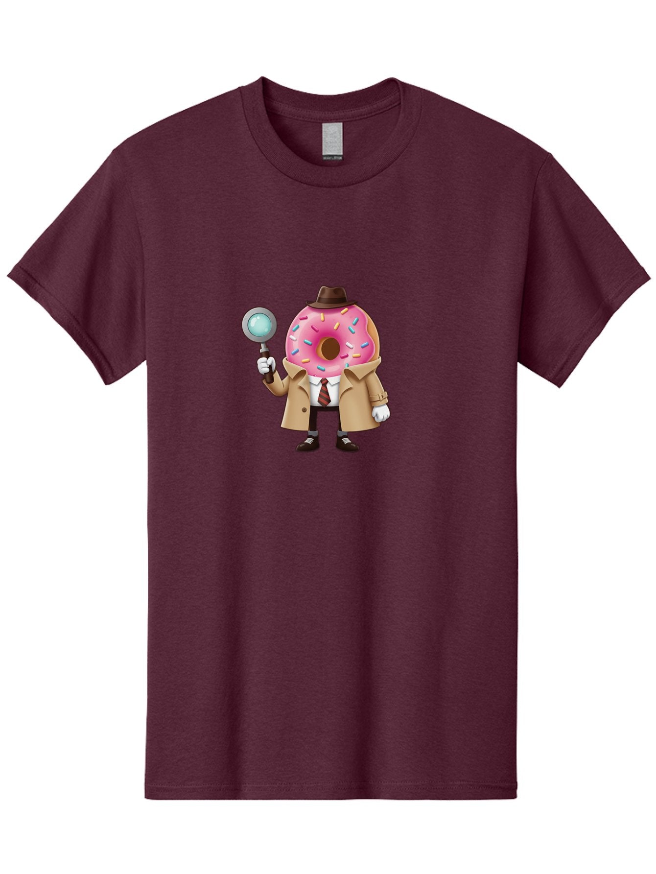 Donut-Detective Men'S Graphic Tee, 100% Cotton, Comfortable Casual Summer Wear, Machine Washable, Detective Donut, Pink Frosted Donut, Sprinkles, Magnifying Glass, Detective Clothes, Trench Coat, Fedora Hat, Cartoon Character, Mystery Solving, Baa504