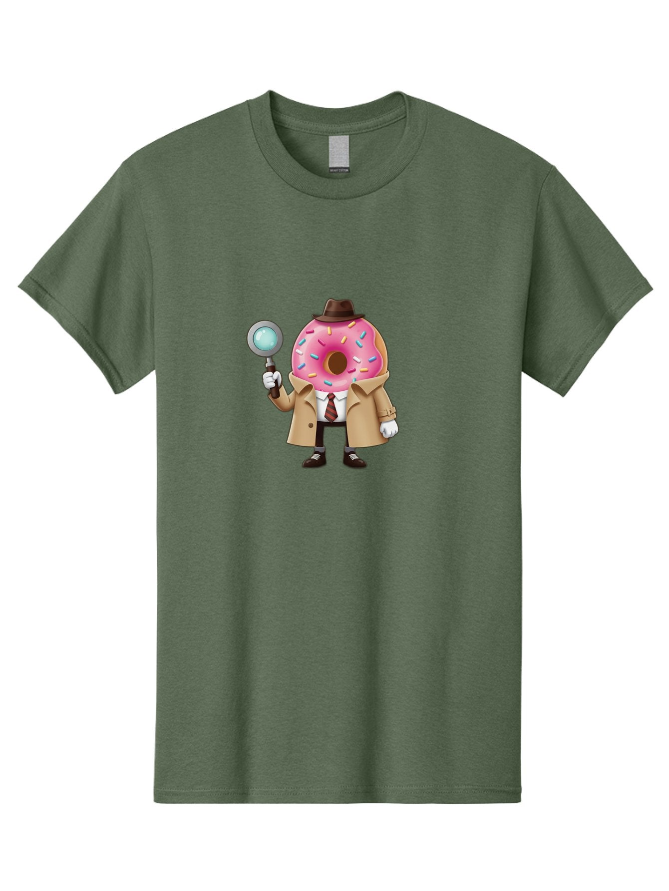 Donut-Detective Men'S Graphic Tee, 100% Cotton, Comfortable Casual Summer Wear, Machine Washable, Detective Donut, Pink Frosted Donut, Sprinkles, Magnifying Glass, Detective Clothes, Trench Coat, Fedora Hat, Cartoon Character, Mystery Solving, Baa504 6