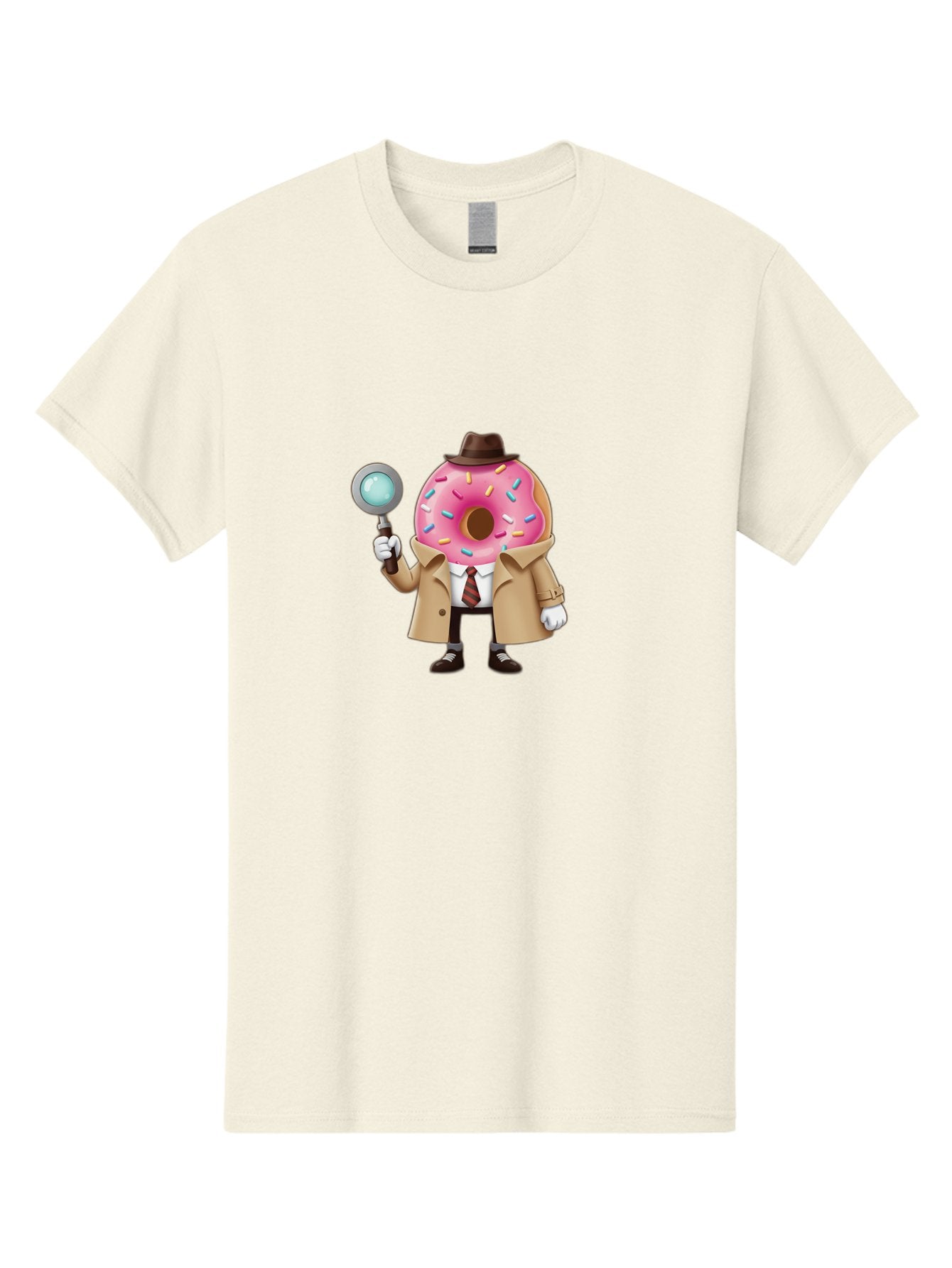 Donut-Detective Men'S Graphic Tee, 100% Cotton, Comfortable Casual Summer Wear, Machine Washable, Detective Donut, Pink Frosted Donut, Sprinkles, Magnifying Glass, Detective Clothes, Trench Coat, Fedora Hat, Cartoon Character, Mystery Solving, Baa504 3