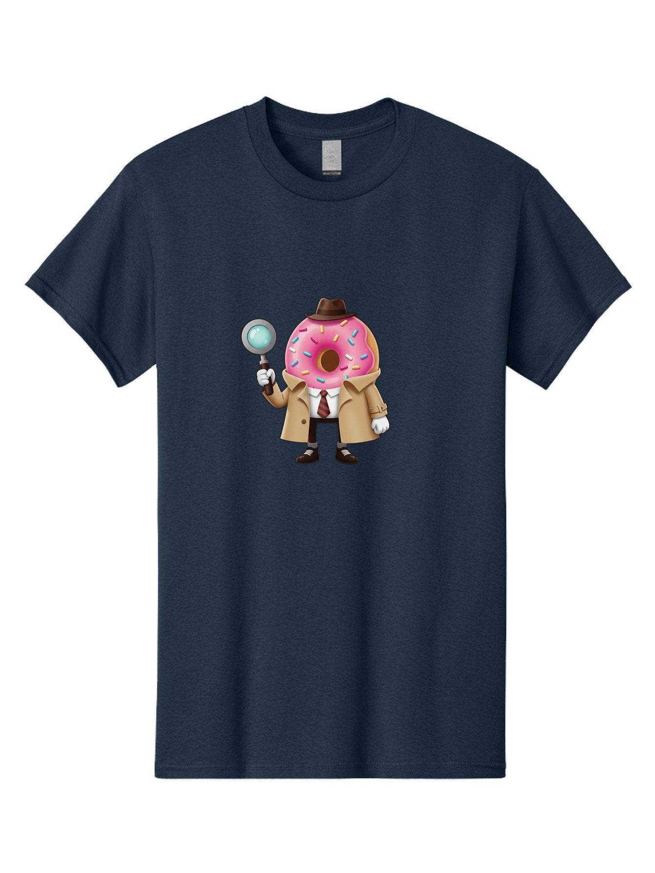 Donut-Detective Men'S Graphic Tee, 100% Cotton, Comfortable Casual Summer Wear, Machine Washable, Detective Donut, Pink Frosted Donut, Sprinkles, Magnifying Glass, Detective Clothes, Trench Coat, Fedora Hat, Cartoon Character, Mystery Solving, Baa504 8