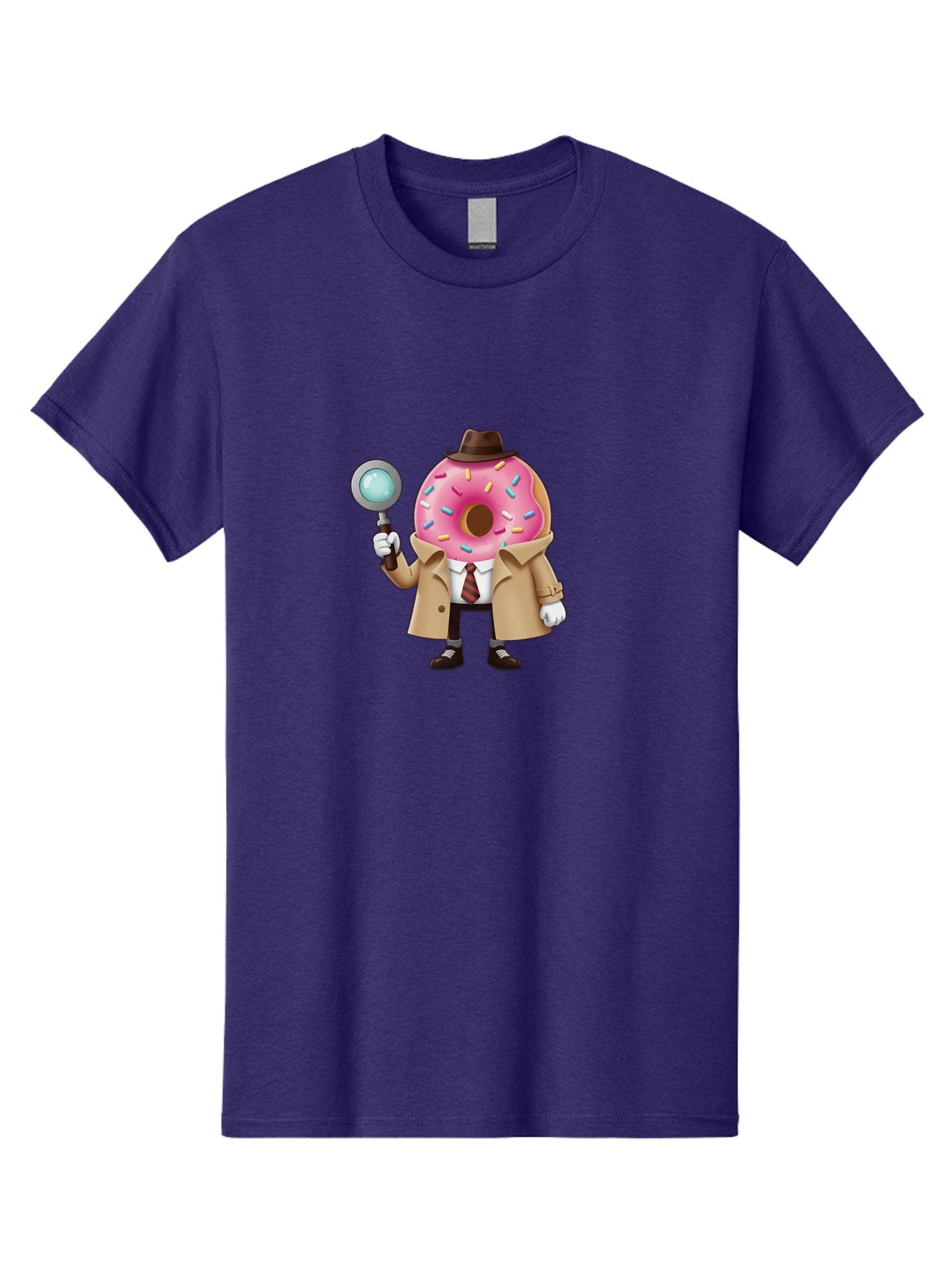 Donut-Detective Men'S Graphic Tee, 100% Cotton, Comfortable Casual Summer Wear, Machine Washable, Detective Donut, Pink Frosted Donut, Sprinkles, Magnifying Glass, Detective Clothes, Trench Coat, Fedora Hat, Cartoon Character, Mystery Solving, Baa504 5