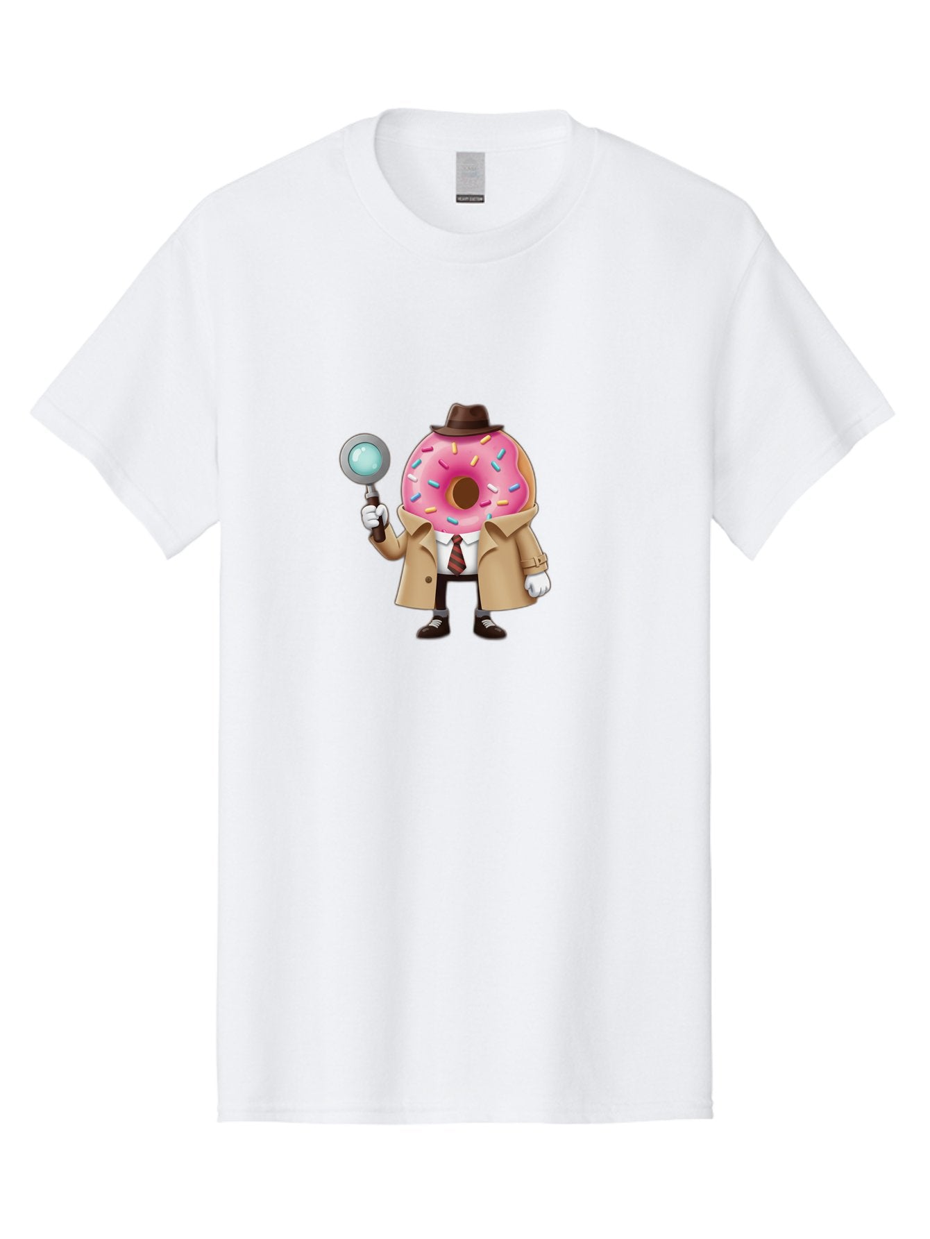 Donut-Detective Men'S Graphic Tee, 100% Cotton, Comfortable Casual Summer Wear, Machine Washable, Detective Donut, Pink Frosted Donut, Sprinkles, Magnifying Glass, Detective Clothes, Trench Coat, Fedora Hat, Cartoon Character, Mystery Solving, Baa504 10