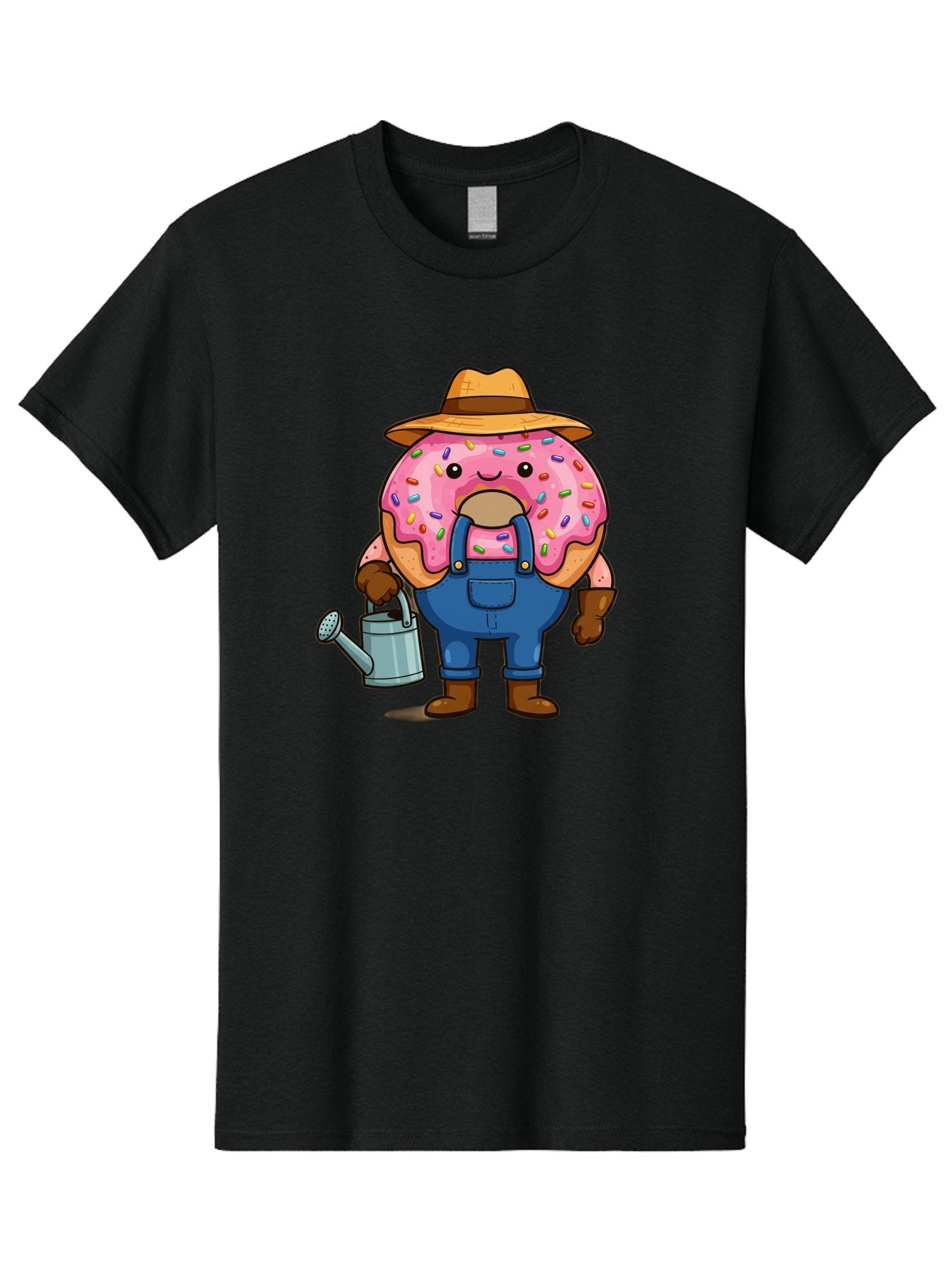 Donut-Farmer Men'S Graphic Tee, 100% Cotton, Comfortable Casual Summer Wear, Machine Washable, Donut Character, Farmer Illustration, Watering Can, Blue Overalls, Brown Boots, Hat, Rainbow Sprinkles, Pink Frosting, Cartoon Style, Baa506 12