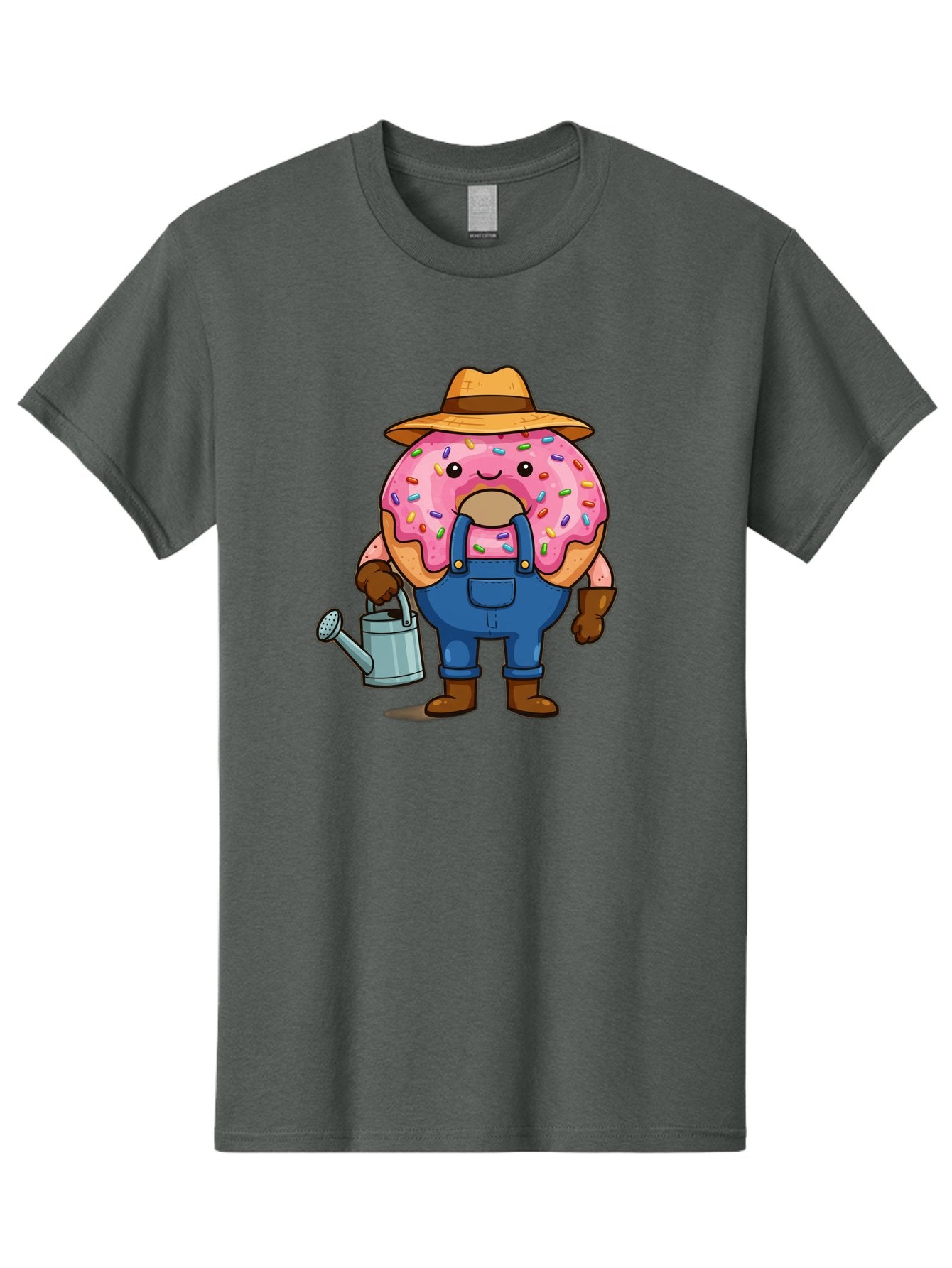 Donut-Farmer Men'S Graphic Tee, 100% Cotton, Comfortable Casual Summer Wear, Machine Washable, Donut Character, Farmer Illustration, Watering Can, Blue Overalls, Brown Boots, Hat, Rainbow Sprinkles, Pink Frosting, Cartoon Style, Baa506 15