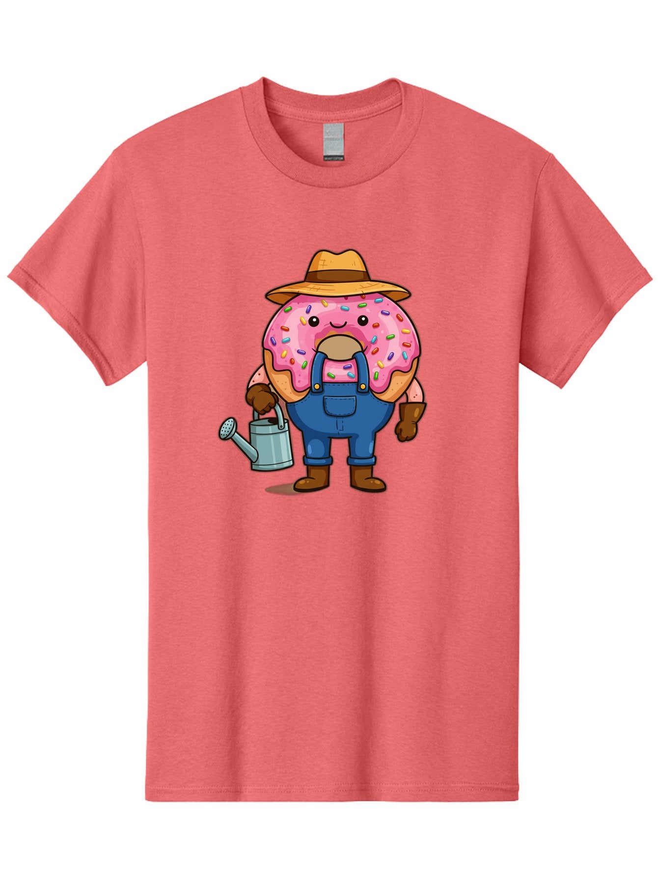 Donut-Farmer Men'S Graphic Tee, 100% Cotton, Comfortable Casual Summer Wear, Machine Washable, Donut Character, Farmer Illustration, Watering Can, Blue Overalls, Brown Boots, Hat, Rainbow Sprinkles, Pink Frosting, Cartoon Style, Baa506