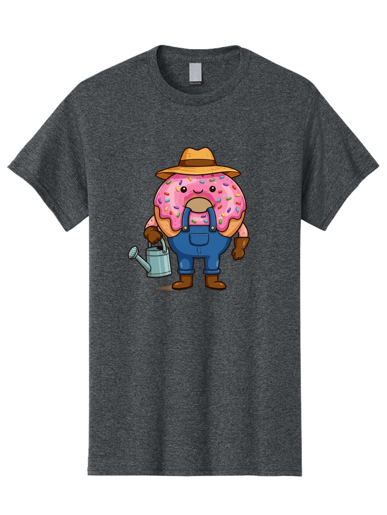 Donut-Farmer Men'S Graphic Tee, 100% Cotton, Comfortable Casual Summer Wear, Machine Washable, Donut Character, Farmer Illustration, Watering Can, Blue Overalls, Brown Boots, Hat, Rainbow Sprinkles, Pink Frosting, Cartoon Style, Baa506 8