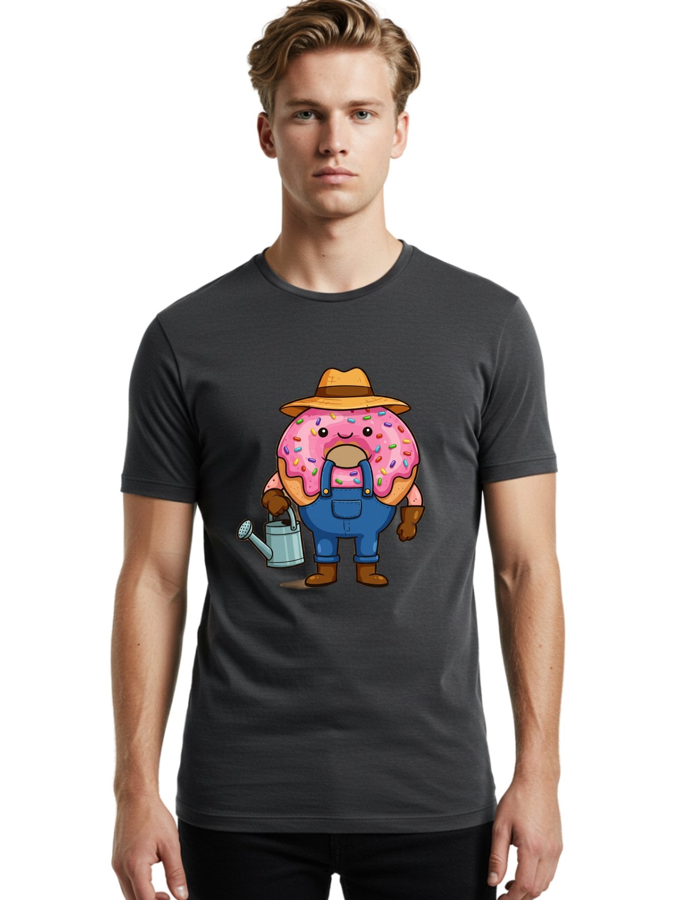 Donut-Farmer Men'S Graphic Tee, 100% Cotton, Comfortable Casual Summer Wear, Machine Washable, Donut Character, Farmer Illustration, Watering Can, Blue Overalls, Brown Boots, Hat, Rainbow Sprinkles, Pink Frosting, Cartoon Style, Baa506 25