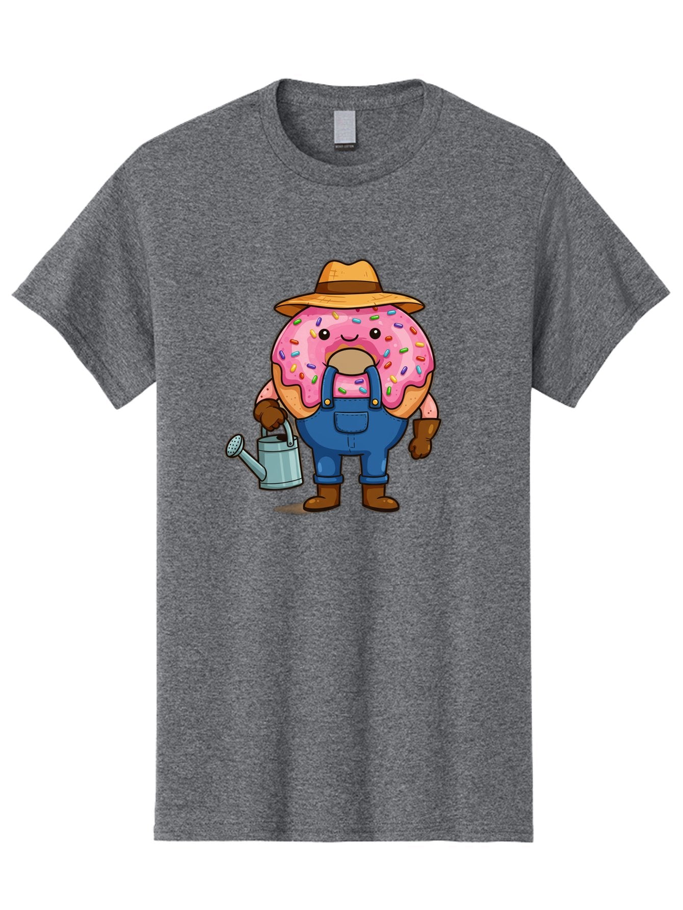 Donut-Farmer Men'S Graphic Tee, 100% Cotton, Comfortable Casual Summer Wear, Machine Washable, Donut Character, Farmer Illustration, Watering Can, Blue Overalls, Brown Boots, Hat, Rainbow Sprinkles, Pink Frosting, Cartoon Style, Baa506 3