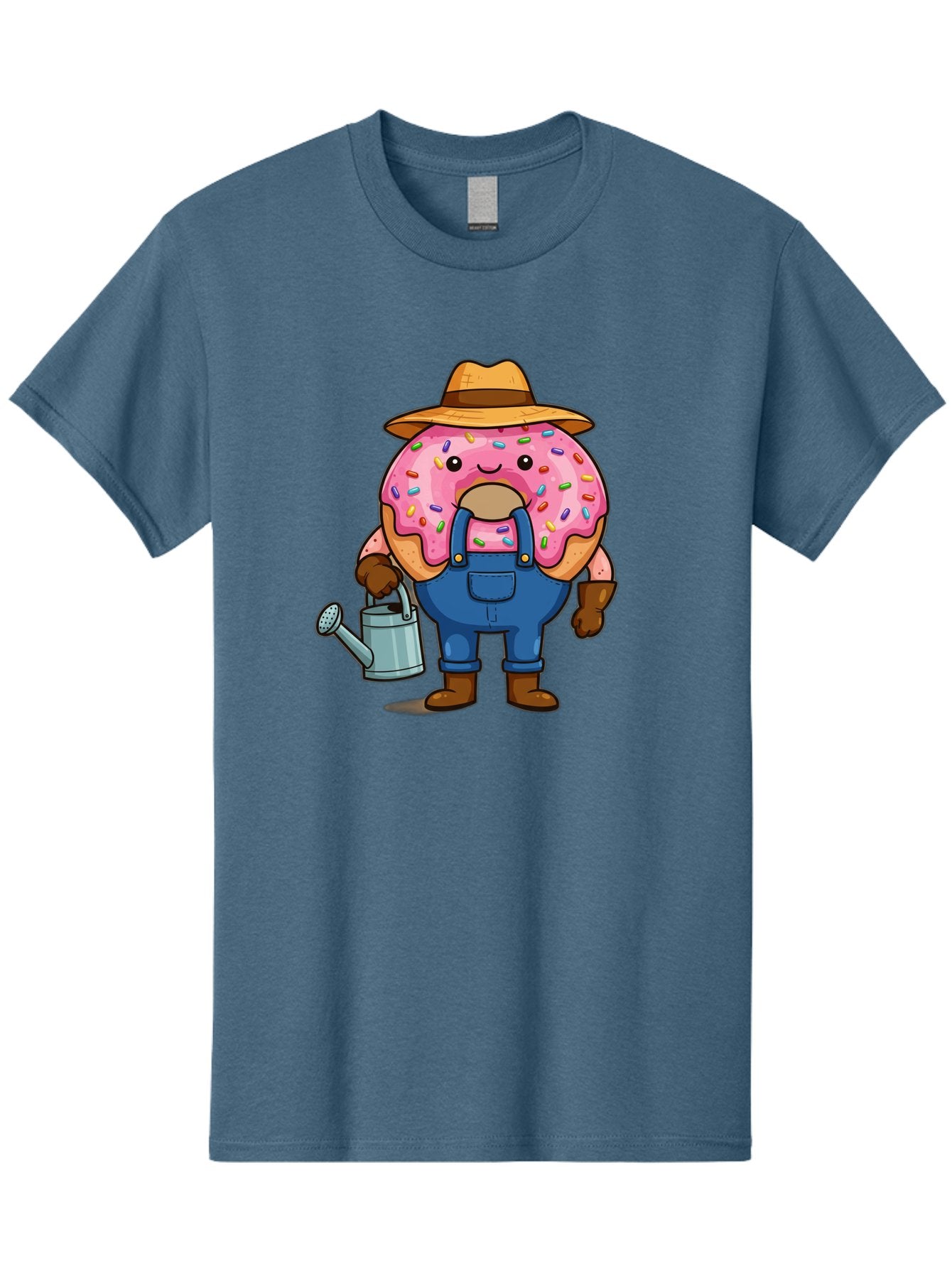 Donut-Farmer Men'S Graphic Tee, 100% Cotton, Comfortable Casual Summer Wear, Machine Washable, Donut Character, Farmer Illustration, Watering Can, Blue Overalls, Brown Boots, Hat, Rainbow Sprinkles, Pink Frosting, Cartoon Style, Baa506 10