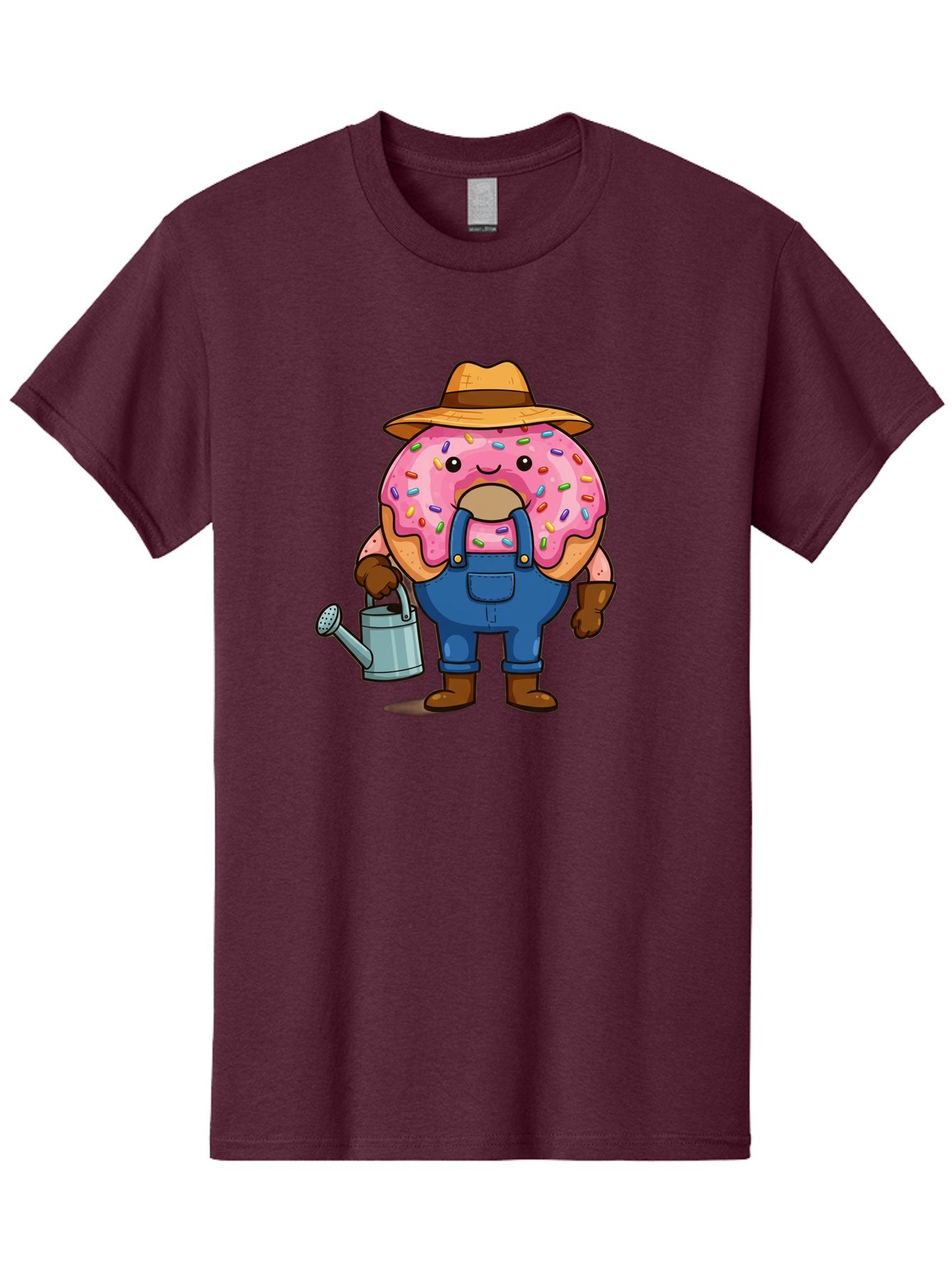 Donut-Farmer Men'S Graphic Tee, 100% Cotton, Comfortable Casual Summer Wear, Machine Washable, Donut Character, Farmer Illustration, Watering Can, Blue Overalls, Brown Boots, Hat, Rainbow Sprinkles, Pink Frosting, Cartoon Style, Baa506