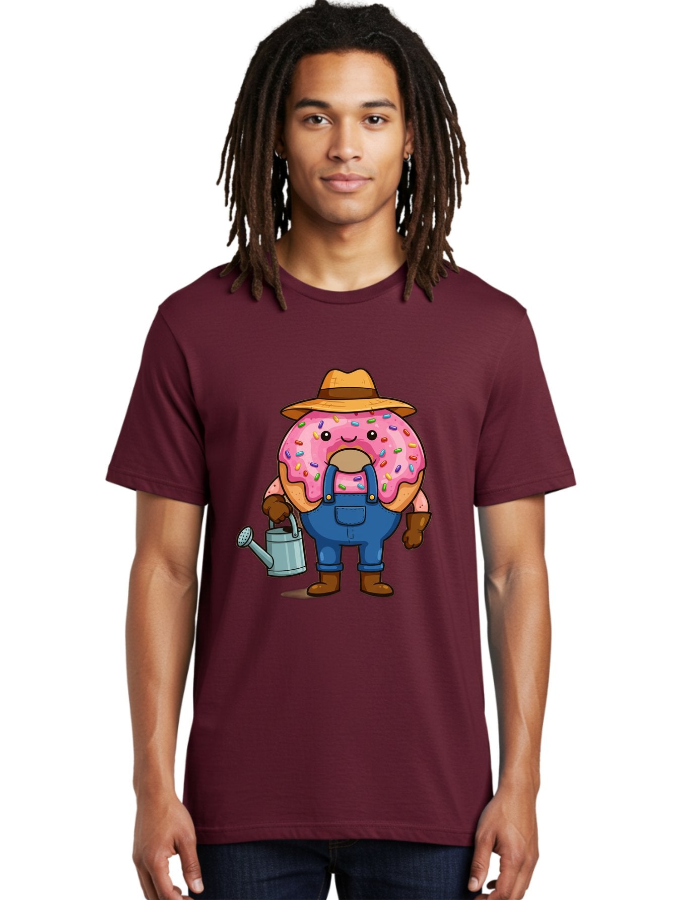 Donut-Farmer Men'S Graphic Tee, 100% Cotton, Comfortable Casual Summer Wear, Machine Washable, Donut Character, Farmer Illustration, Watering Can, Blue Overalls, Brown Boots, Hat, Rainbow Sprinkles, Pink Frosting, Cartoon Style, Baa506 21