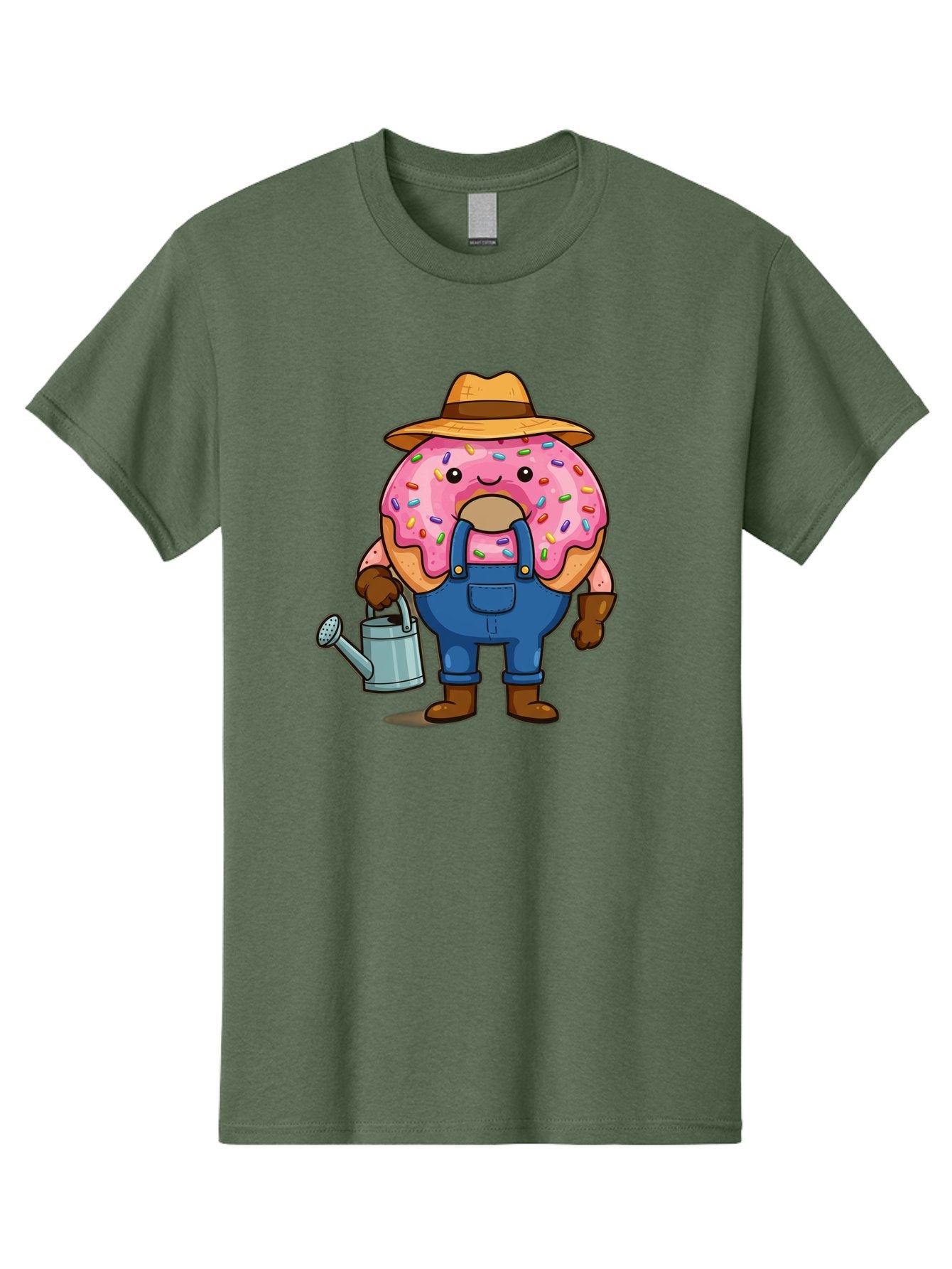 Donut-Farmer Men'S Graphic Tee, 100% Cotton, Comfortable Casual Summer Wear, Machine Washable, Donut Character, Farmer Illustration, Watering Can, Blue Overalls, Brown Boots, Hat, Rainbow Sprinkles, Pink Frosting, Cartoon Style, Baa506 14
