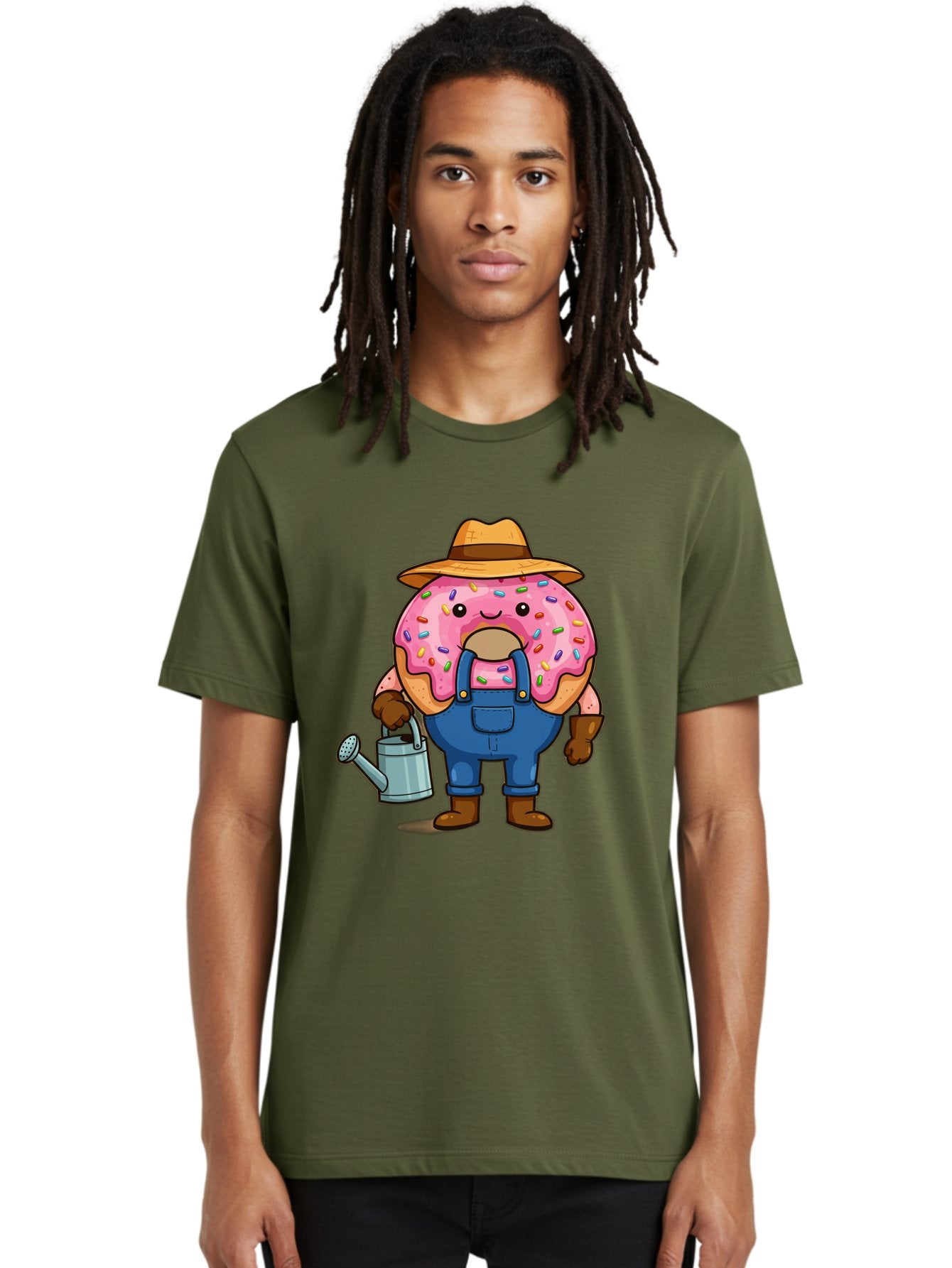 Donut-Farmer Men'S Graphic Tee, 100% Cotton, Comfortable Casual Summer Wear, Machine Washable, Donut Character, Farmer Illustration, Watering Can, Blue Overalls, Brown Boots, Hat, Rainbow Sprinkles, Pink Frosting, Cartoon Style, Baa506 29