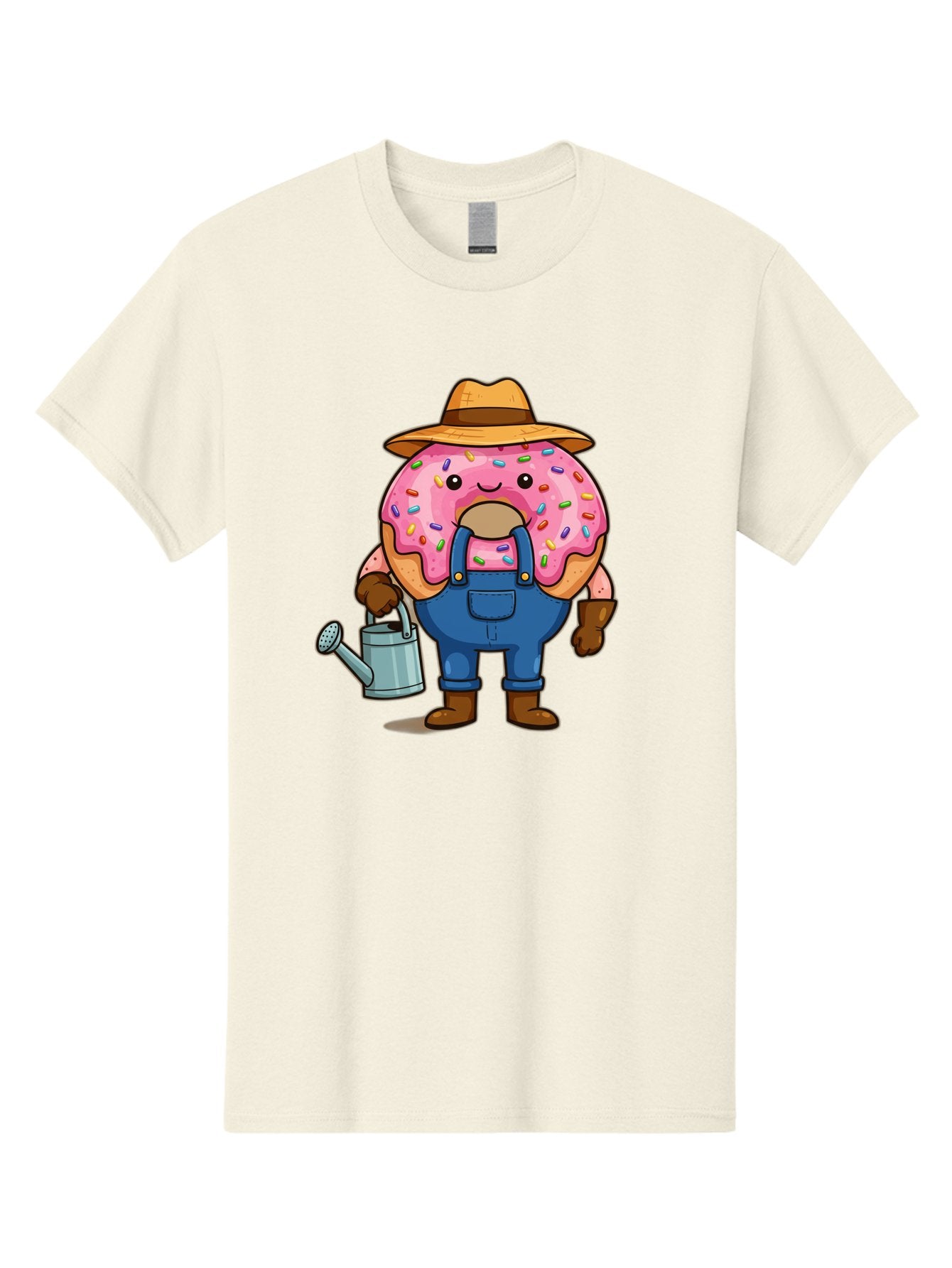 Donut-Farmer Men'S Graphic Tee, 100% Cotton, Comfortable Casual Summer Wear, Machine Washable, Donut Character, Farmer Illustration, Watering Can, Blue Overalls, Brown Boots, Hat, Rainbow Sprinkles, Pink Frosting, Cartoon Style, Baa506 13