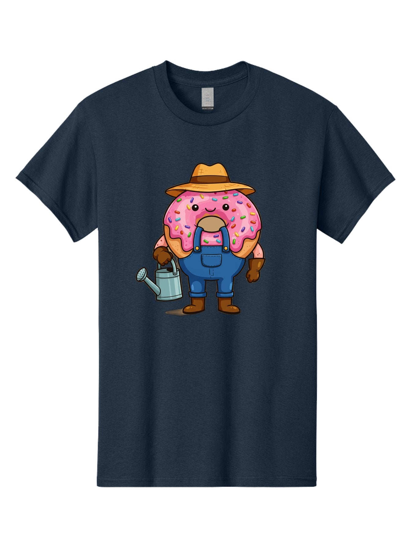 Donut-Farmer Men'S Graphic Tee, 100% Cotton, Comfortable Casual Summer Wear, Machine Washable, Donut Character, Farmer Illustration, Watering Can, Blue Overalls, Brown Boots, Hat, Rainbow Sprinkles, Pink Frosting, Cartoon Style, Baa506 4
