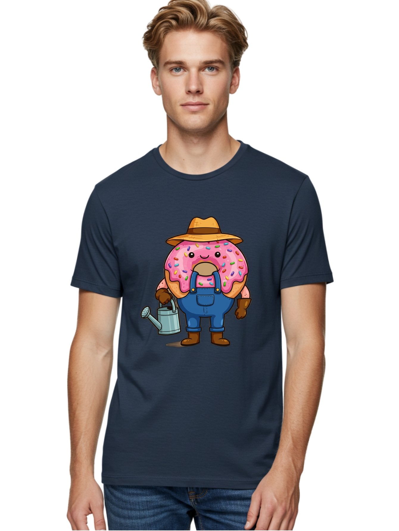 Donut-Farmer Men'S Graphic Tee, 100% Cotton, Comfortable Casual Summer Wear, Machine Washable, Donut Character, Farmer Illustration, Watering Can, Blue Overalls, Brown Boots, Hat, Rainbow Sprinkles, Pink Frosting, Cartoon Style, Baa506 18