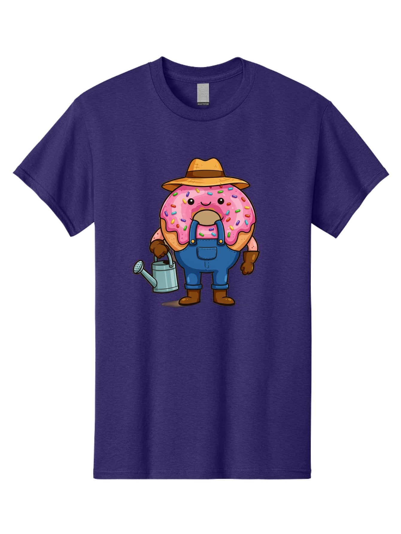 Donut-Farmer Men'S Graphic Tee, 100% Cotton, Comfortable Casual Summer Wear, Machine Washable, Donut Character, Farmer Illustration, Watering Can, Blue Overalls, Brown Boots, Hat, Rainbow Sprinkles, Pink Frosting, Cartoon Style, Baa506 9