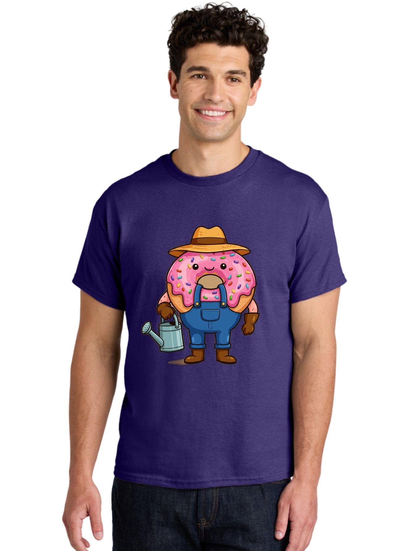 Donut-Farmer Men'S Graphic Tee, 100% Cotton, Comfortable Casual Summer Wear, Machine Washable, Donut Character, Farmer Illustration, Watering Can, Blue Overalls, Brown Boots, Hat, Rainbow Sprinkles, Pink Frosting, Cartoon Style, Baa506 26